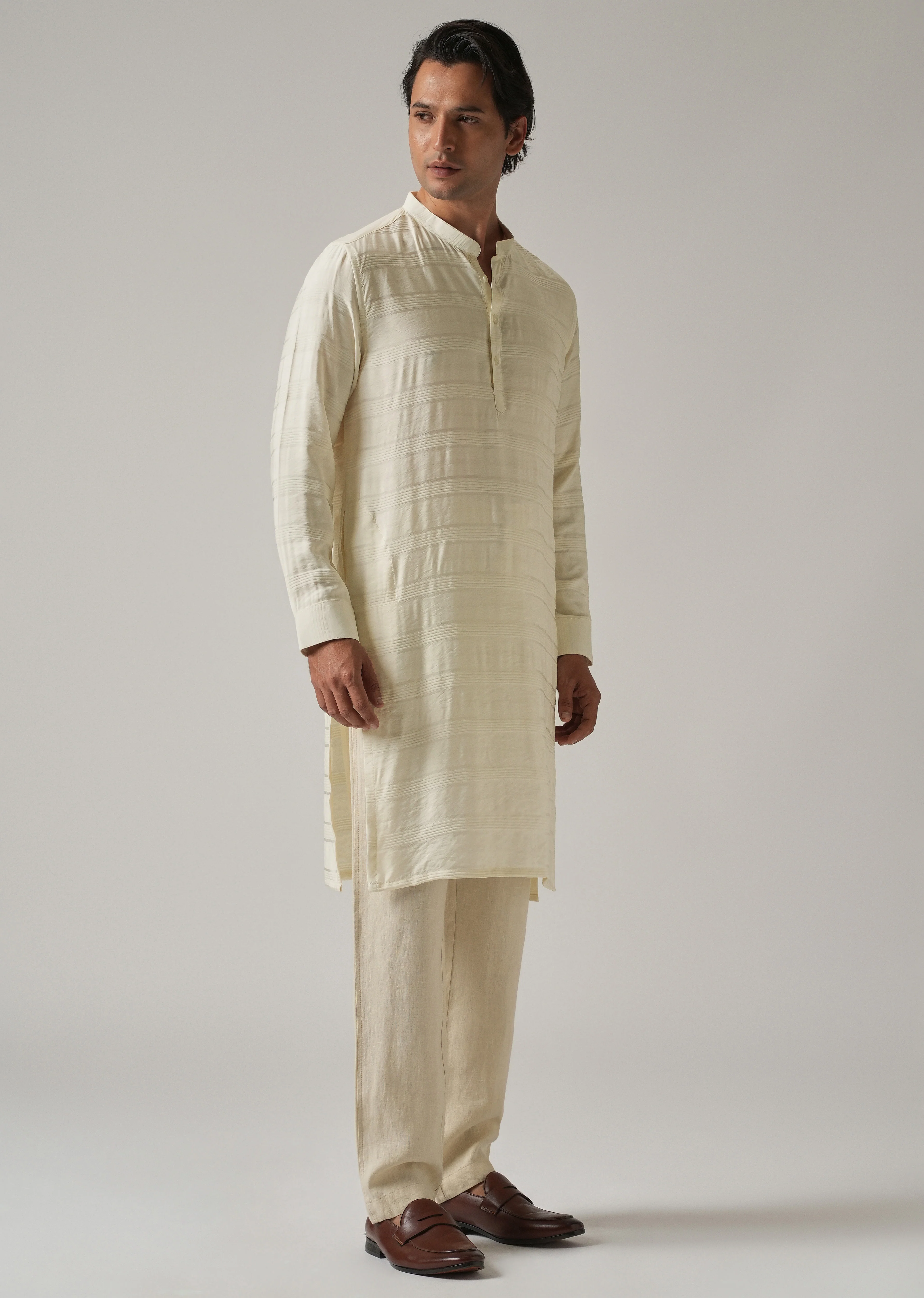 Cream Nylon Subtle Stripe Kurta - Image 4