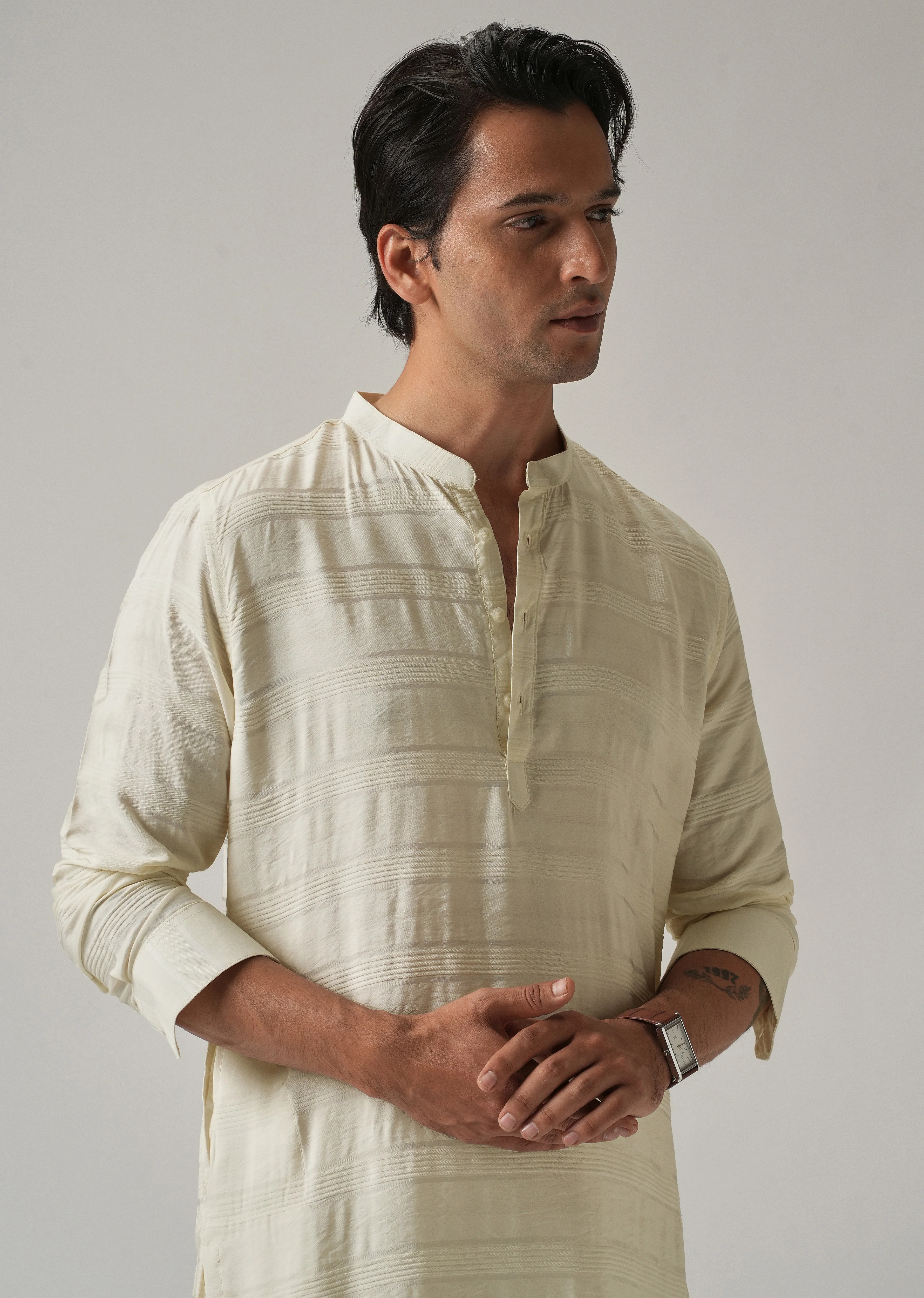 Cream Nylon Subtle Stripe Kurta - Image 6