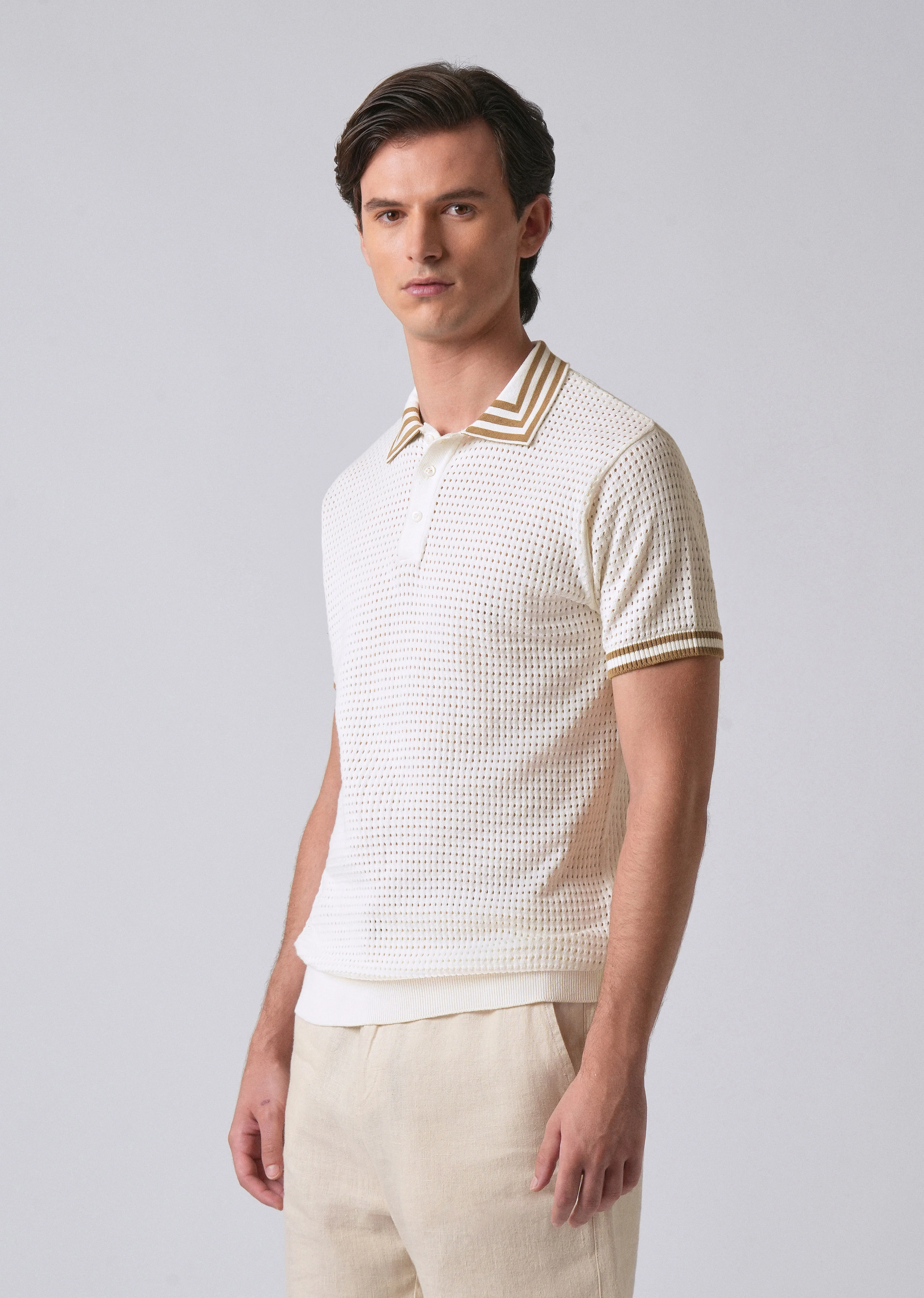 Cream Open Knitted Polo T-shirt - Image 4