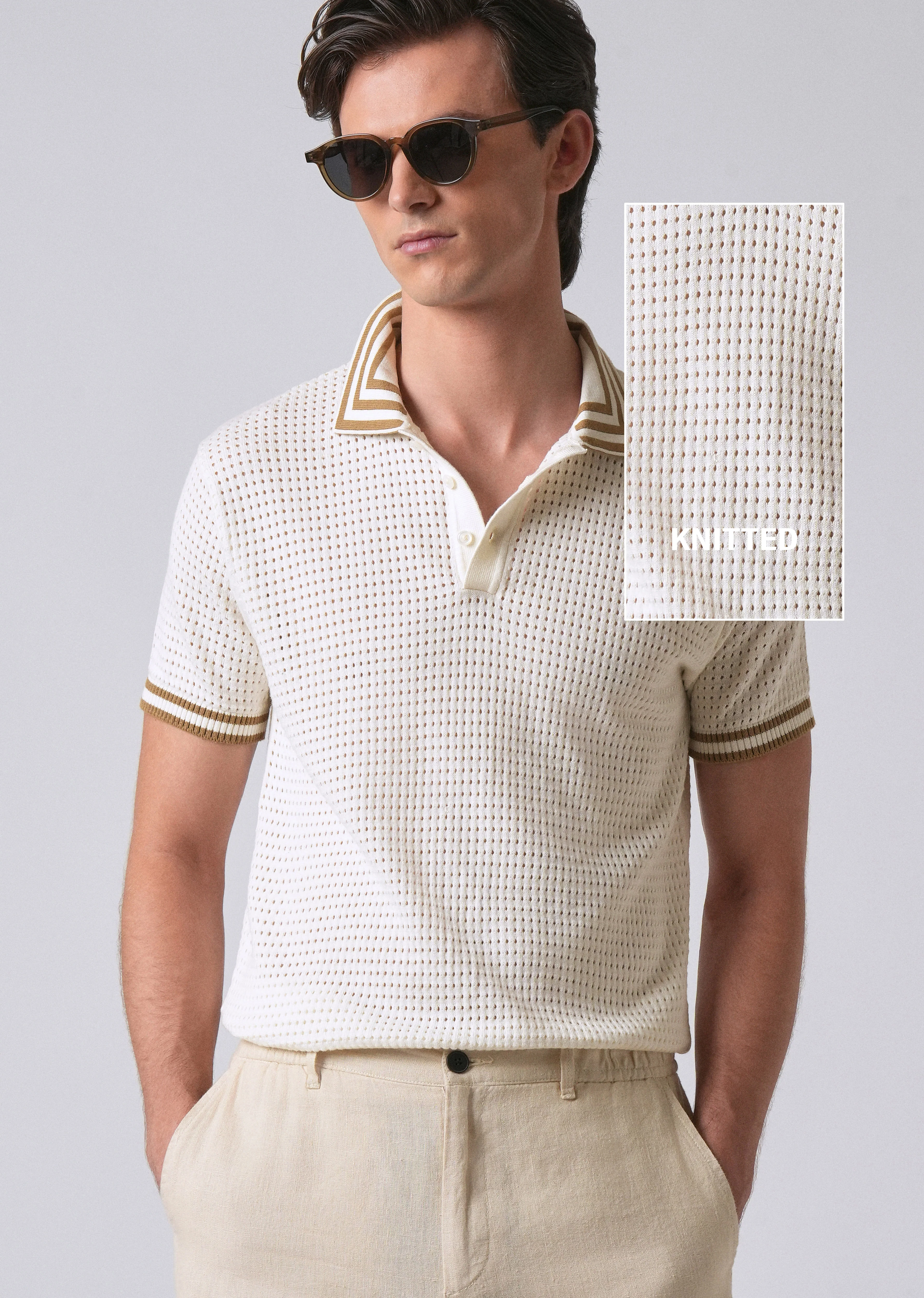Cream Open Knitted Polo T-shirt - Image 7
