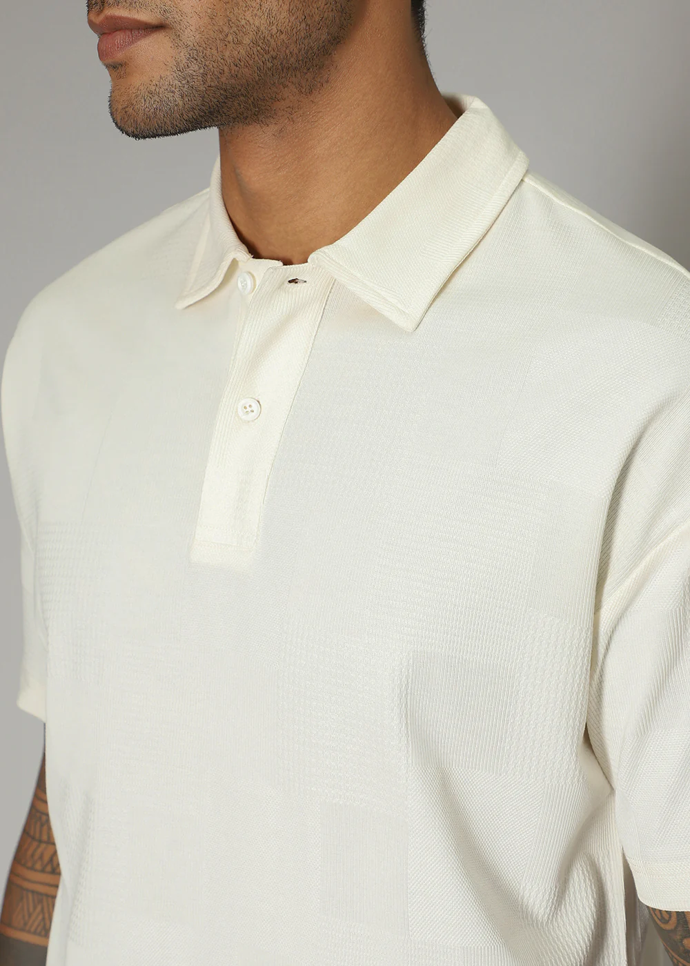 Cream Patterned Polo T-shirt - Image 2