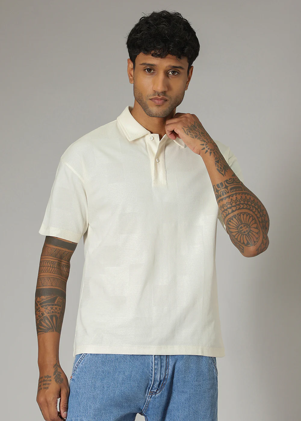 Cream Patterned Polo T-shirt - Image 3