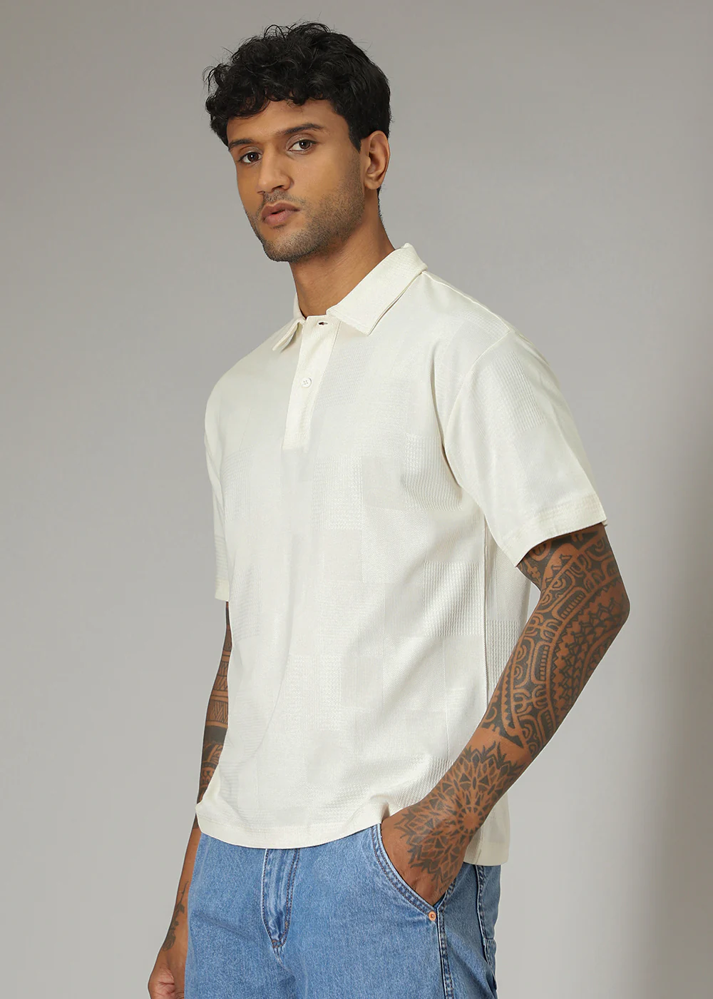 Cream Patterned Polo T-shirt - Image 5