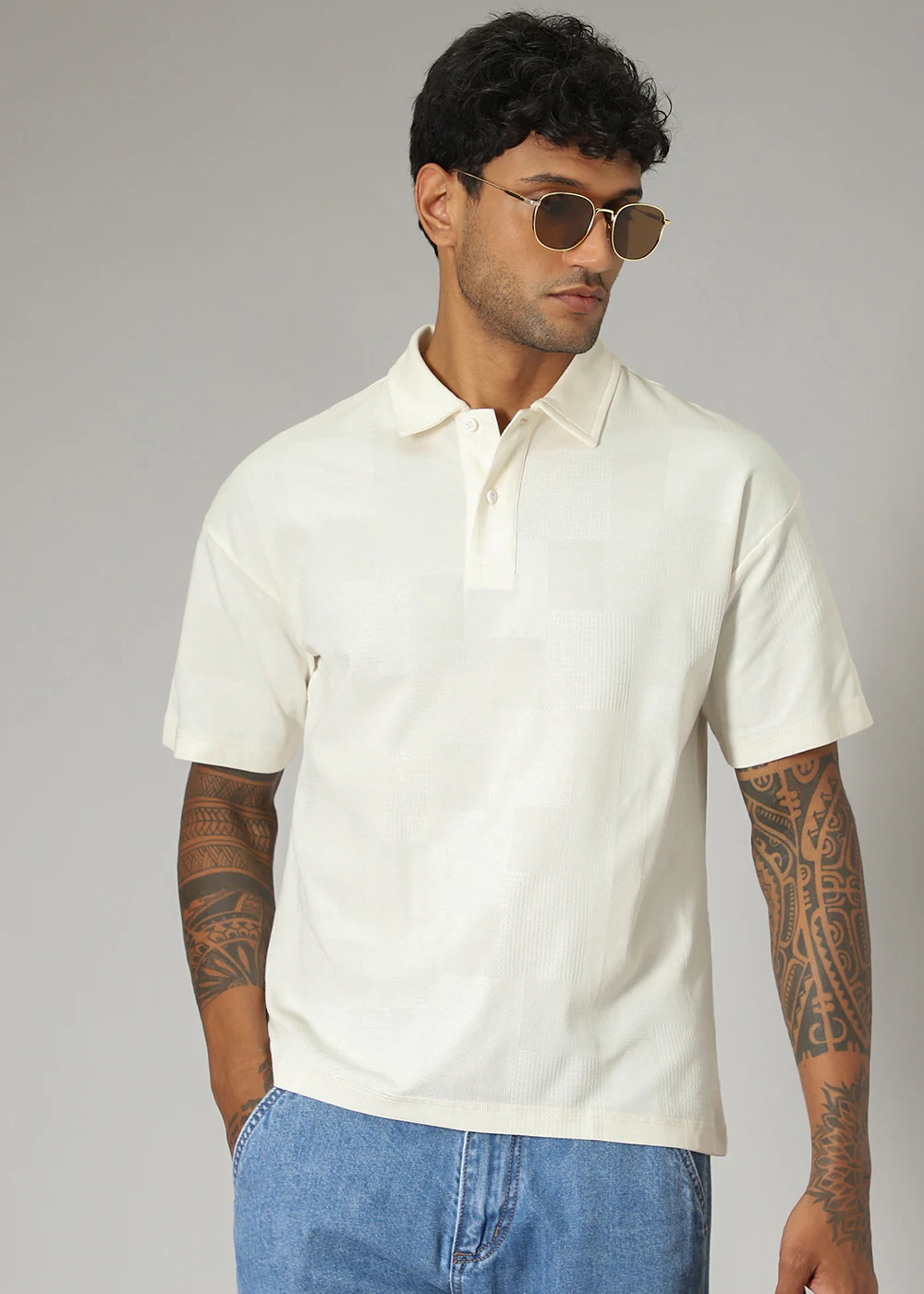 Cream Patterned Polo T-shirt - Image 8