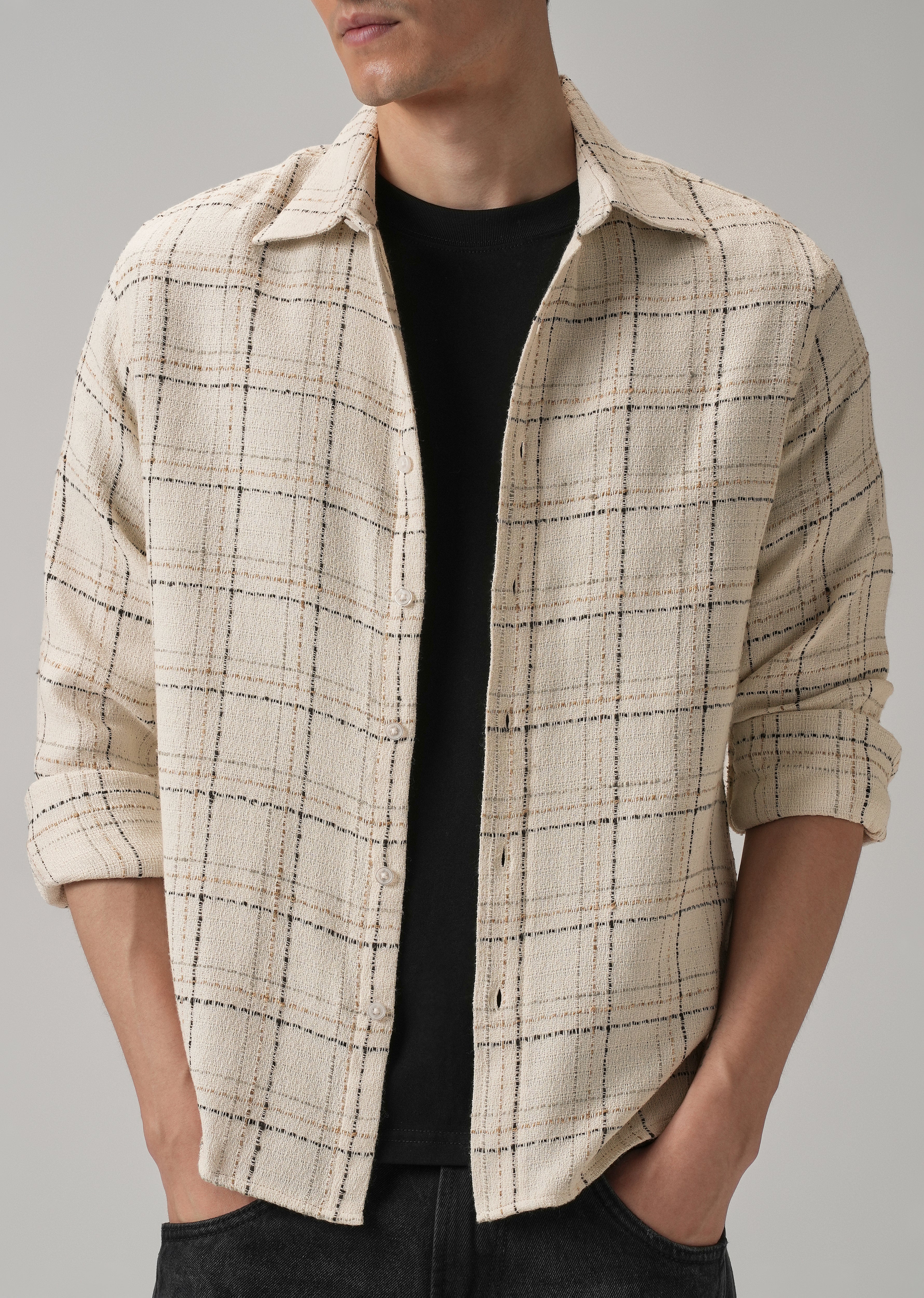 Cream Plaid Textured Cotton Check Shirt - Image 7