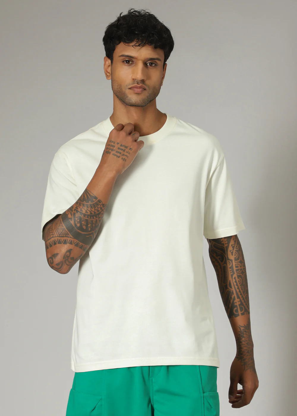 Cream Plain Basic Oversized T-shirt - Image 3