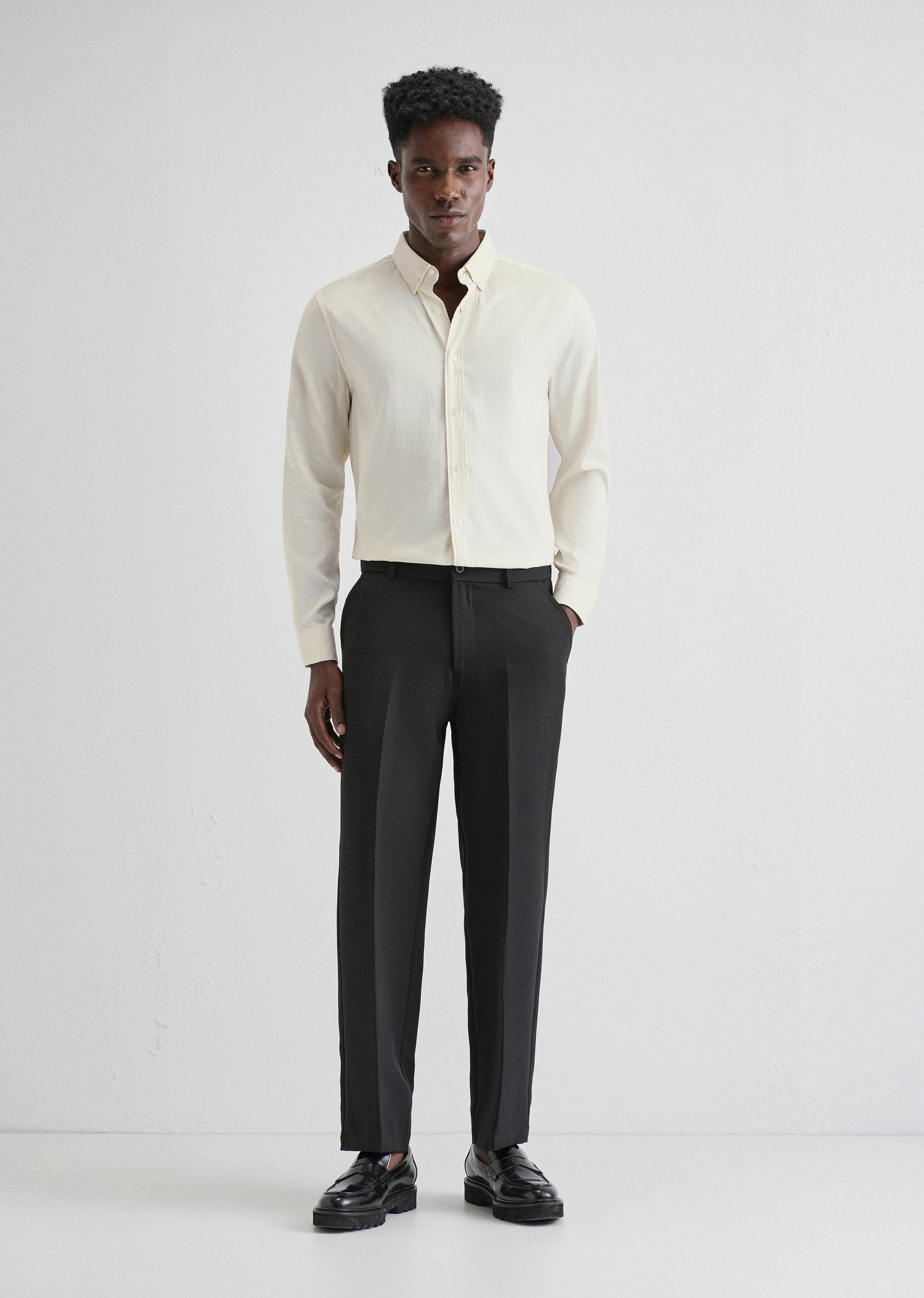Cream Plain Blended Cotton Regular Fit Shirt - Image 6