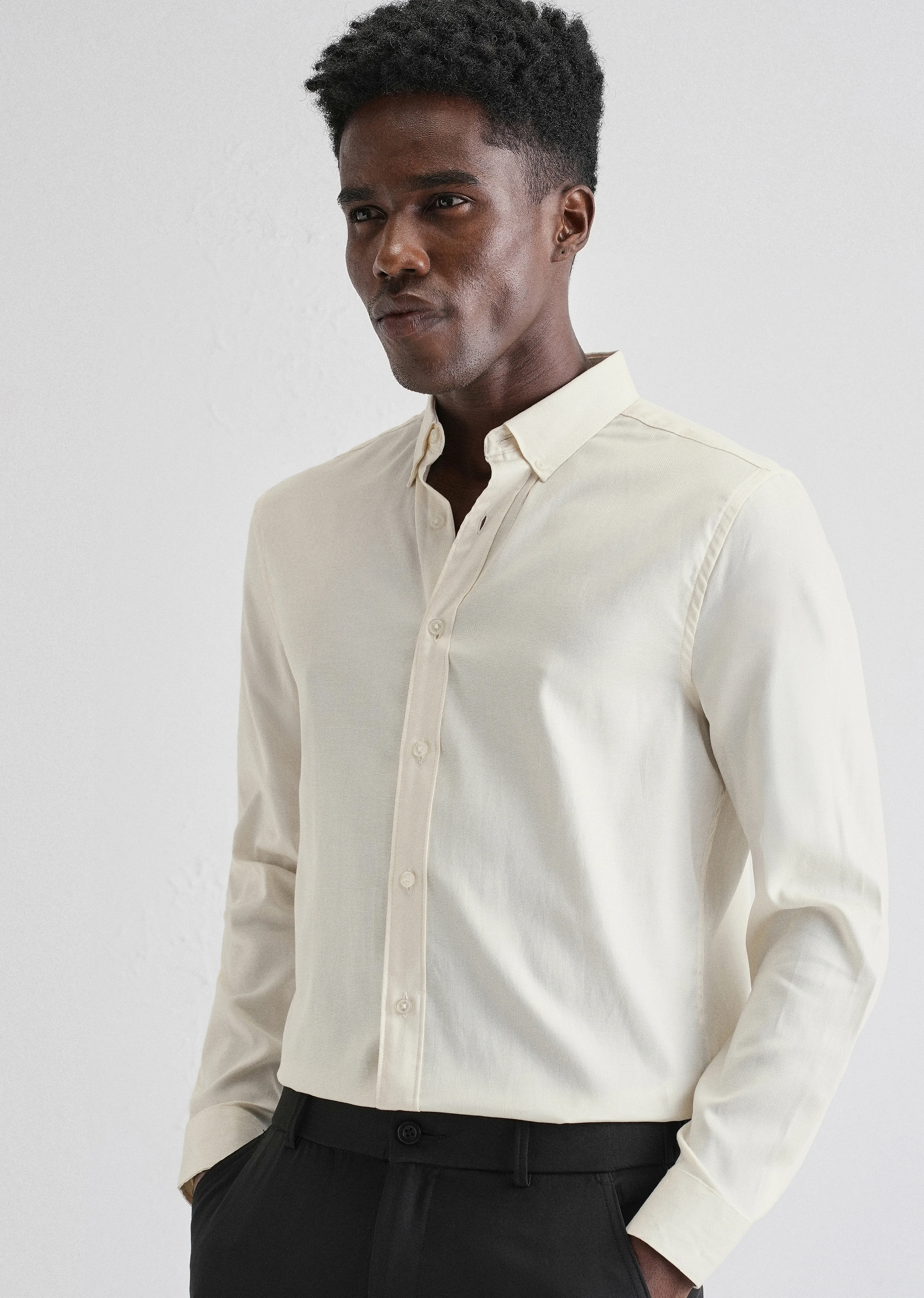 Cream Plain Blended Cotton Regular Fit Shirt - Image 7