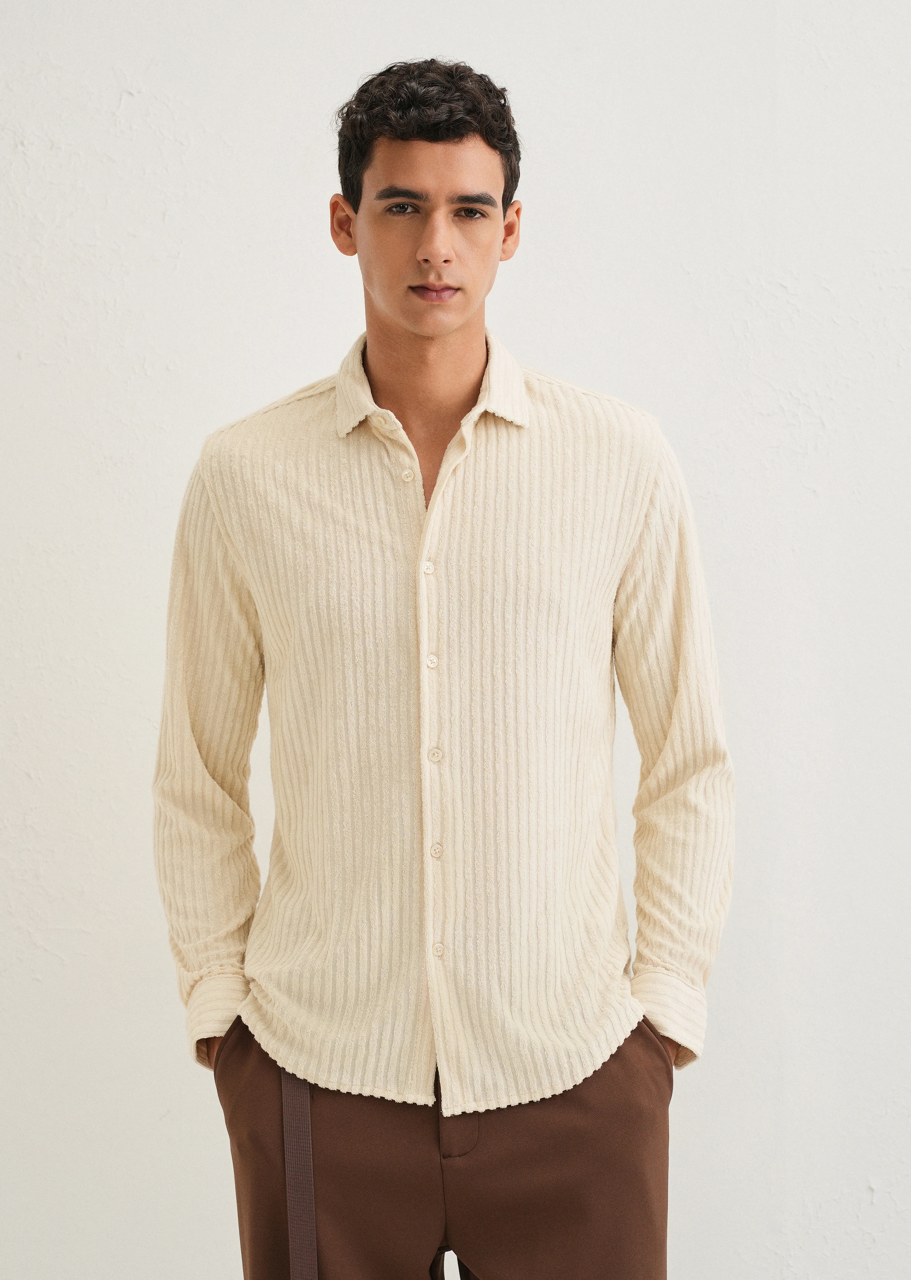 Cream Plain Corduroy Stripe Shirt - Image 3