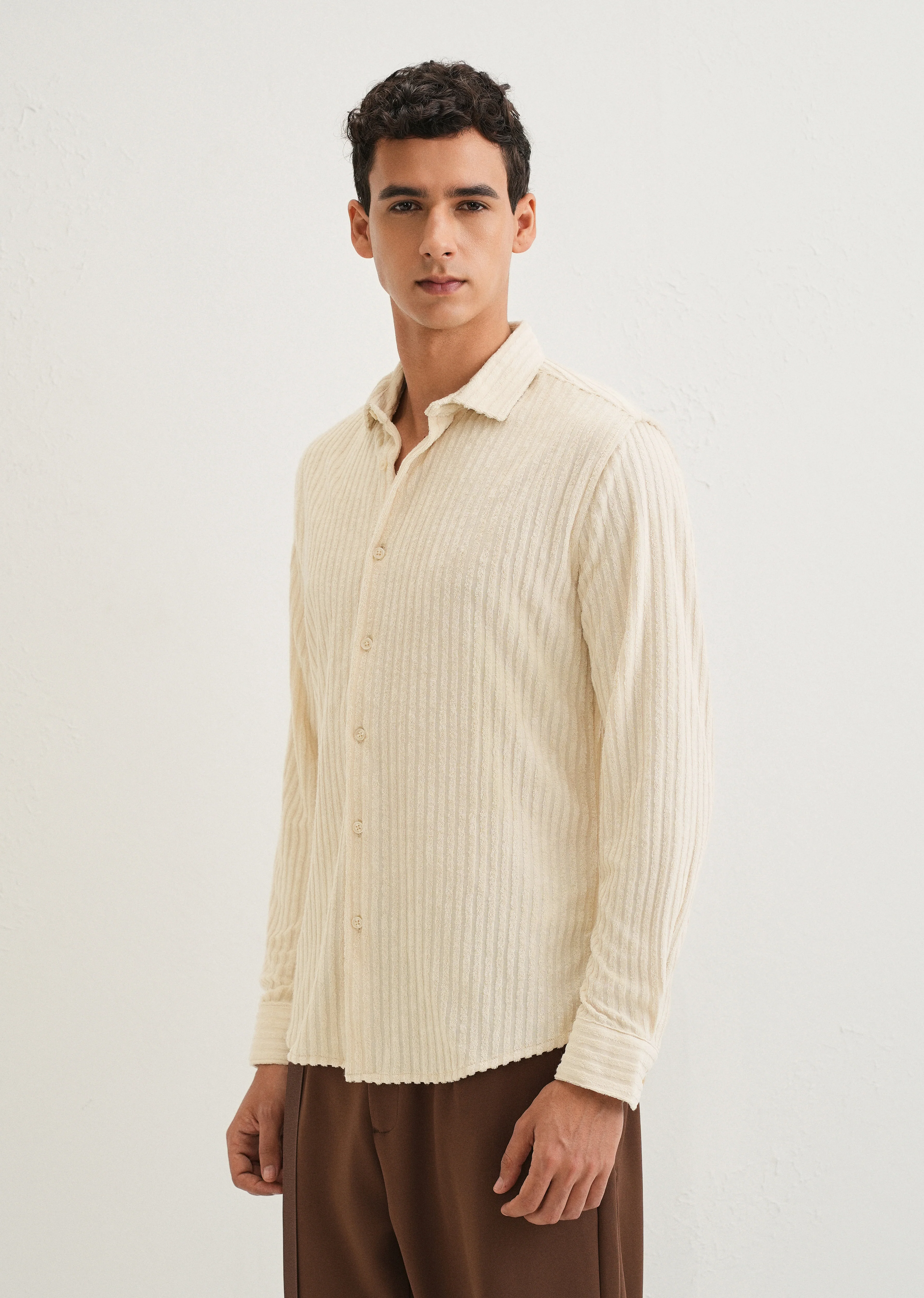 Cream Plain Corduroy Stripe Shirt - Image 4