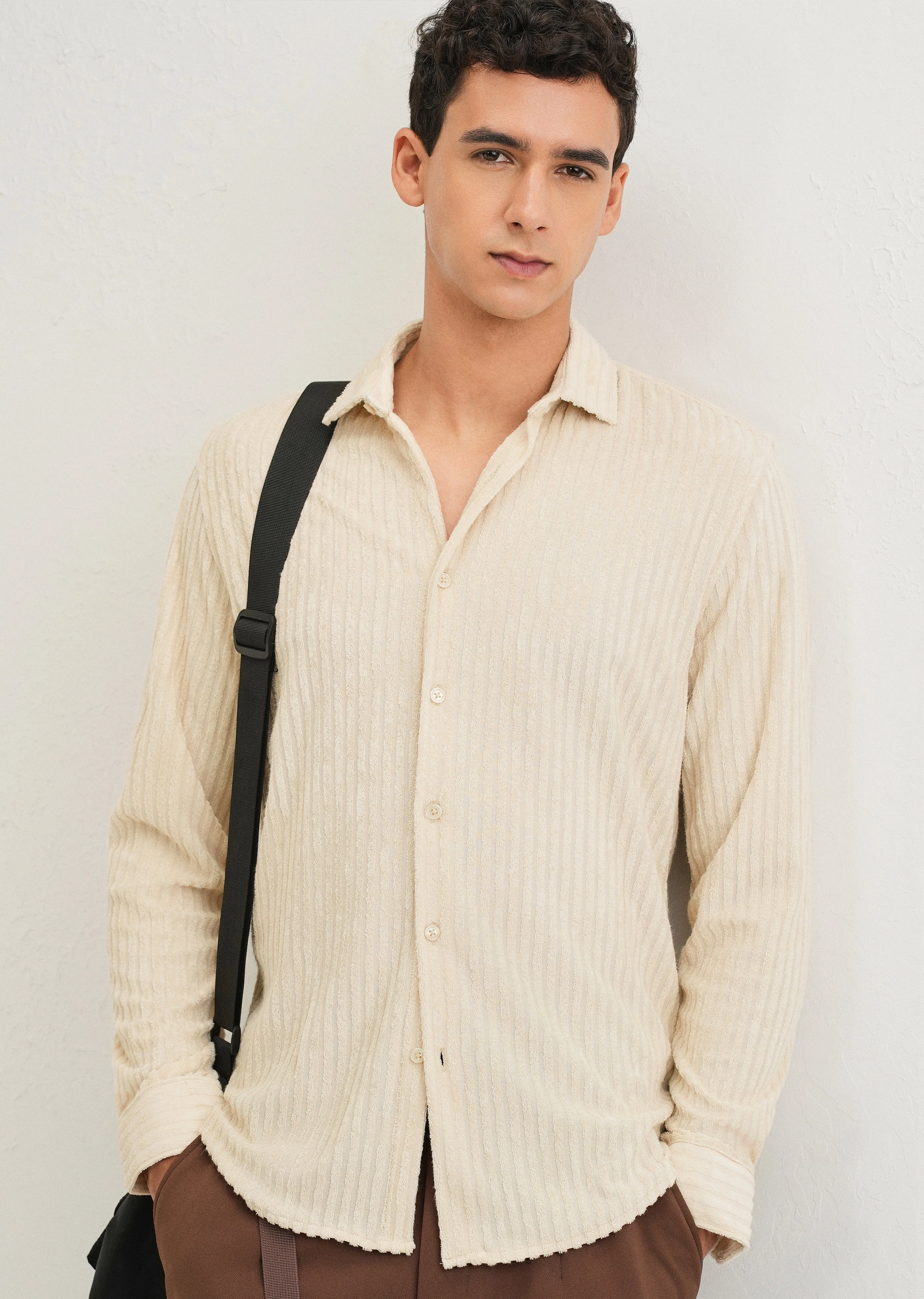 Cream Plain Corduroy Stripe Shirt - Image 6
