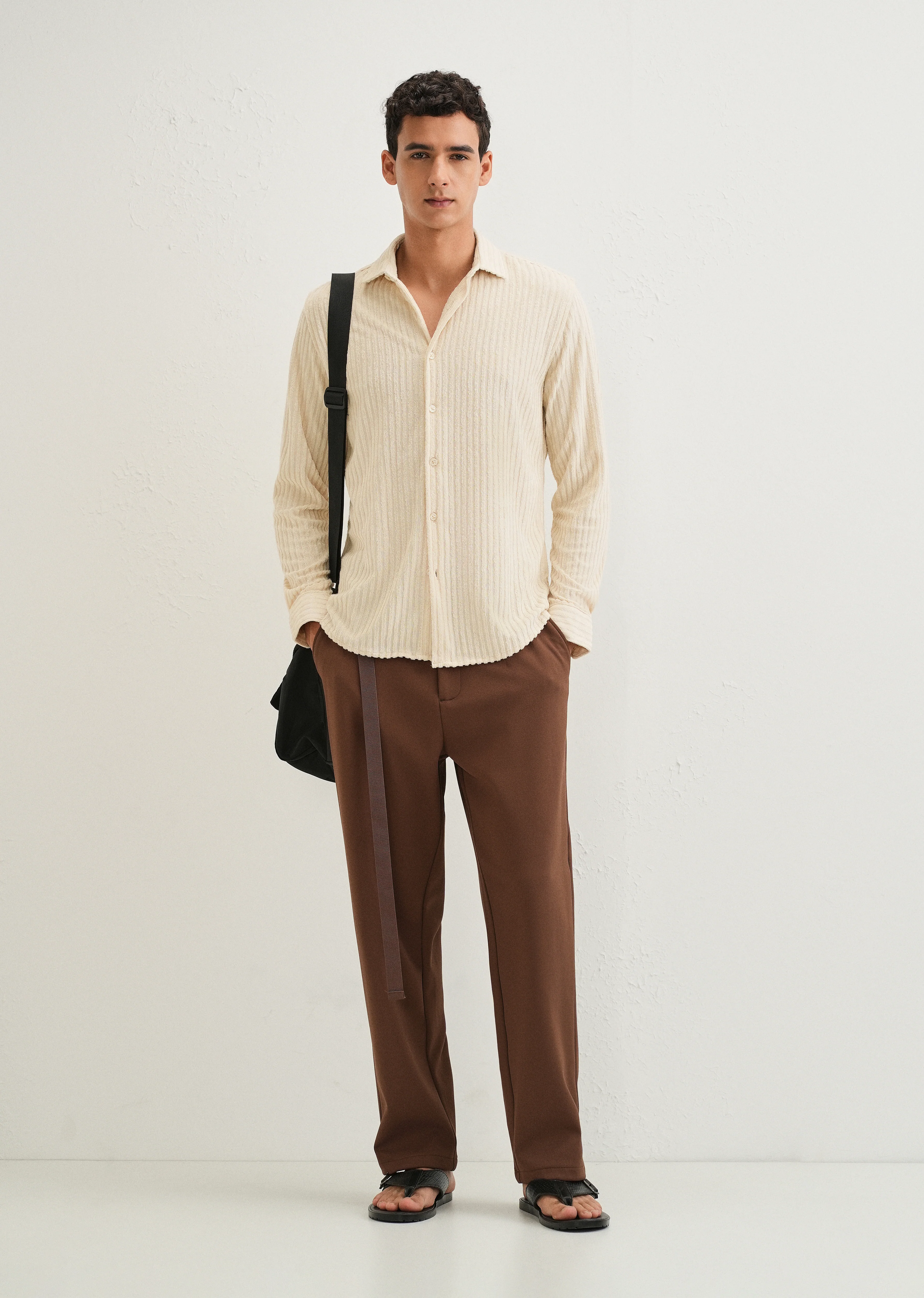 Cream Plain Corduroy Stripe Shirt - Image 7