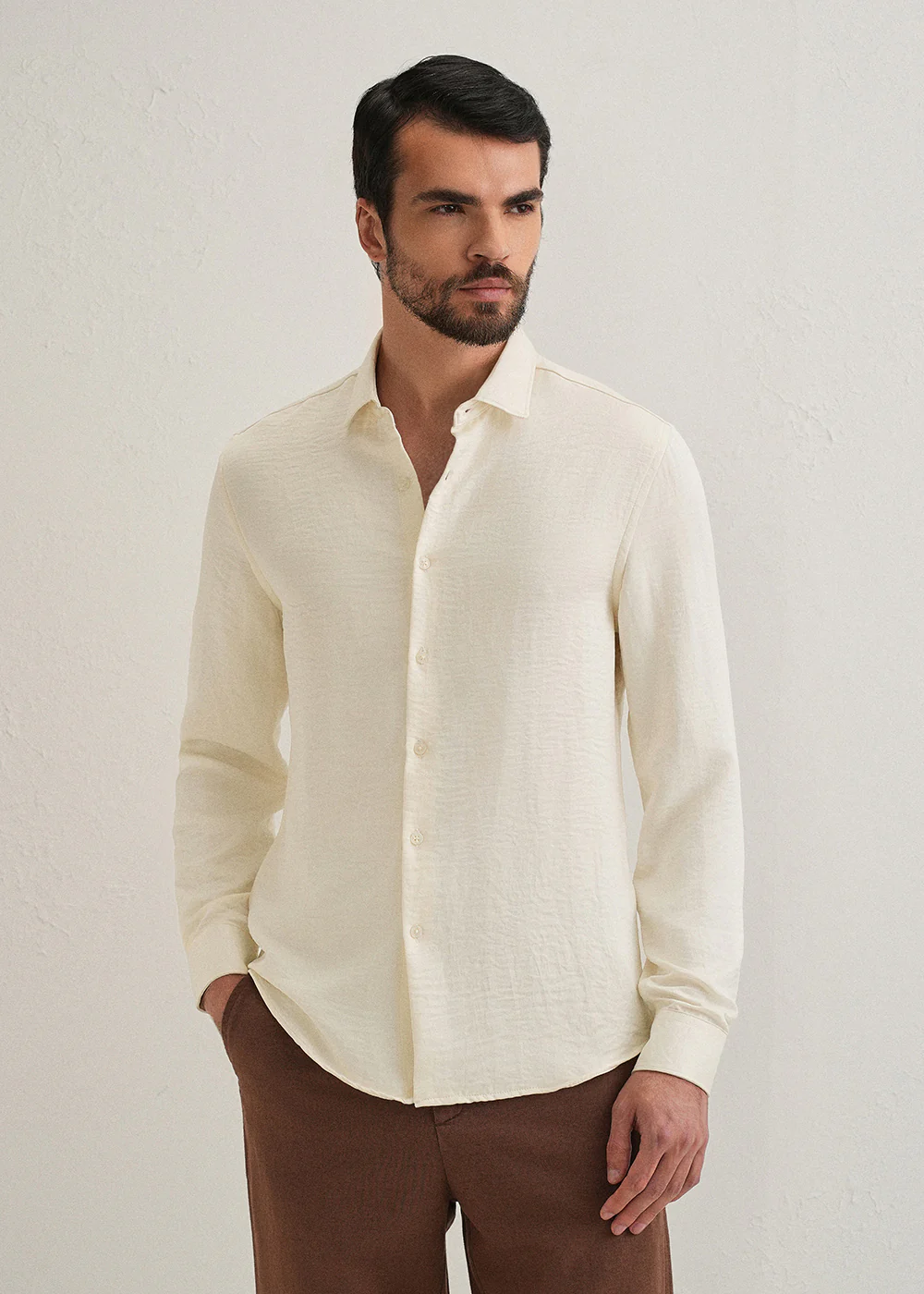 Cream Plain Crushed Satin Shirt - Image 3