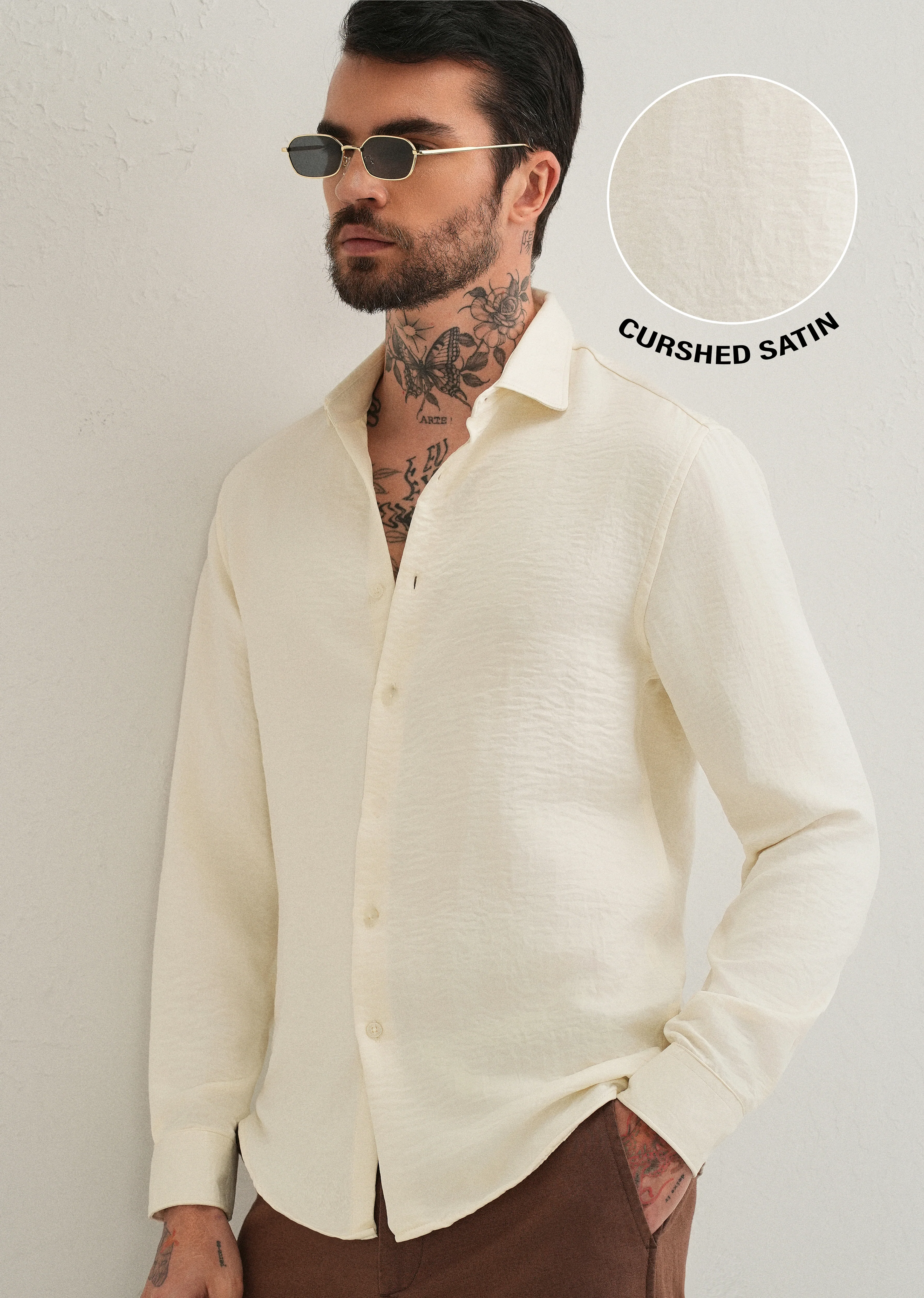 Cream Plain Crushed Satin Shirt - Image 7