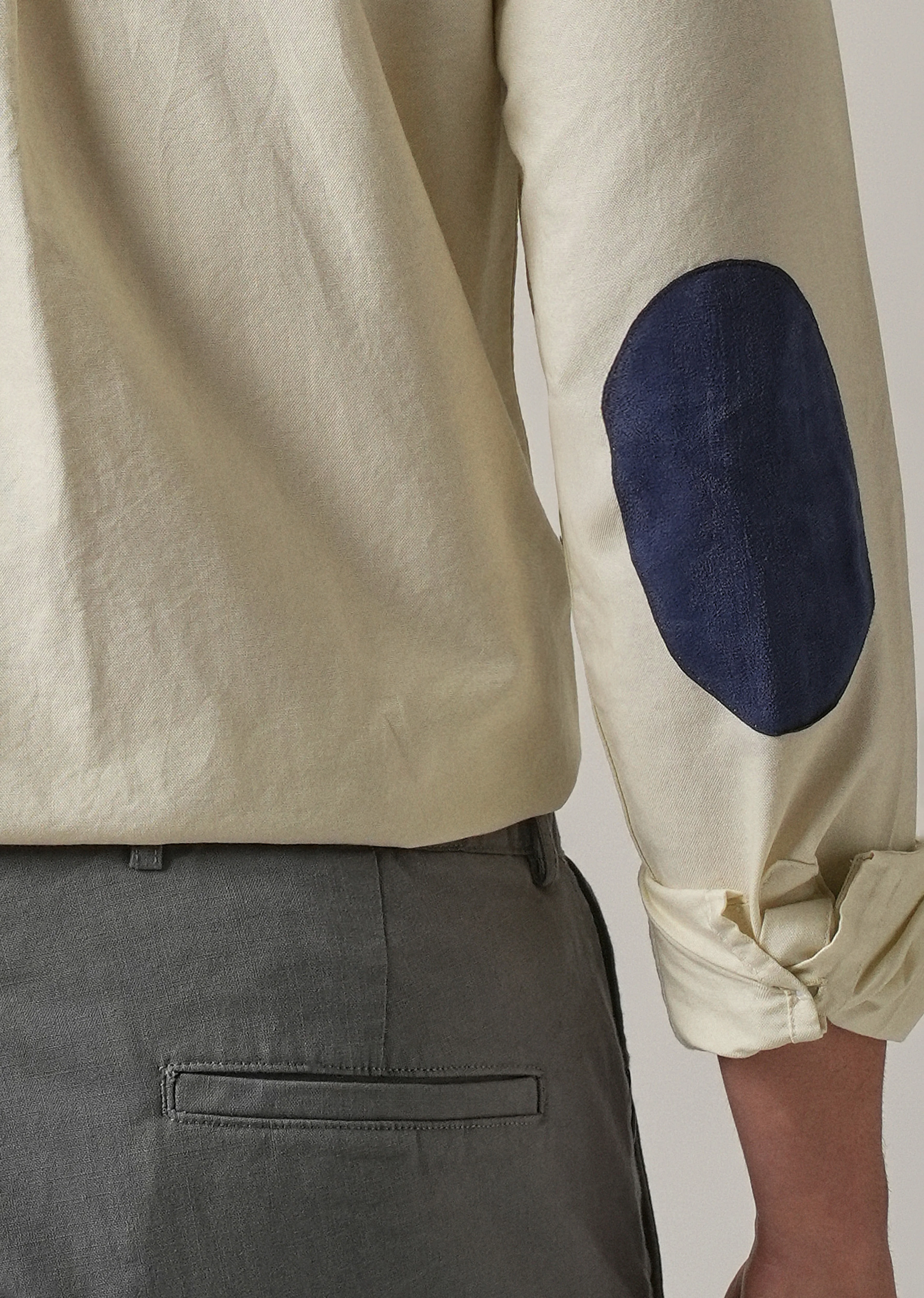 Cream Plain Elbow Patch Oxford Shirt - Image 2