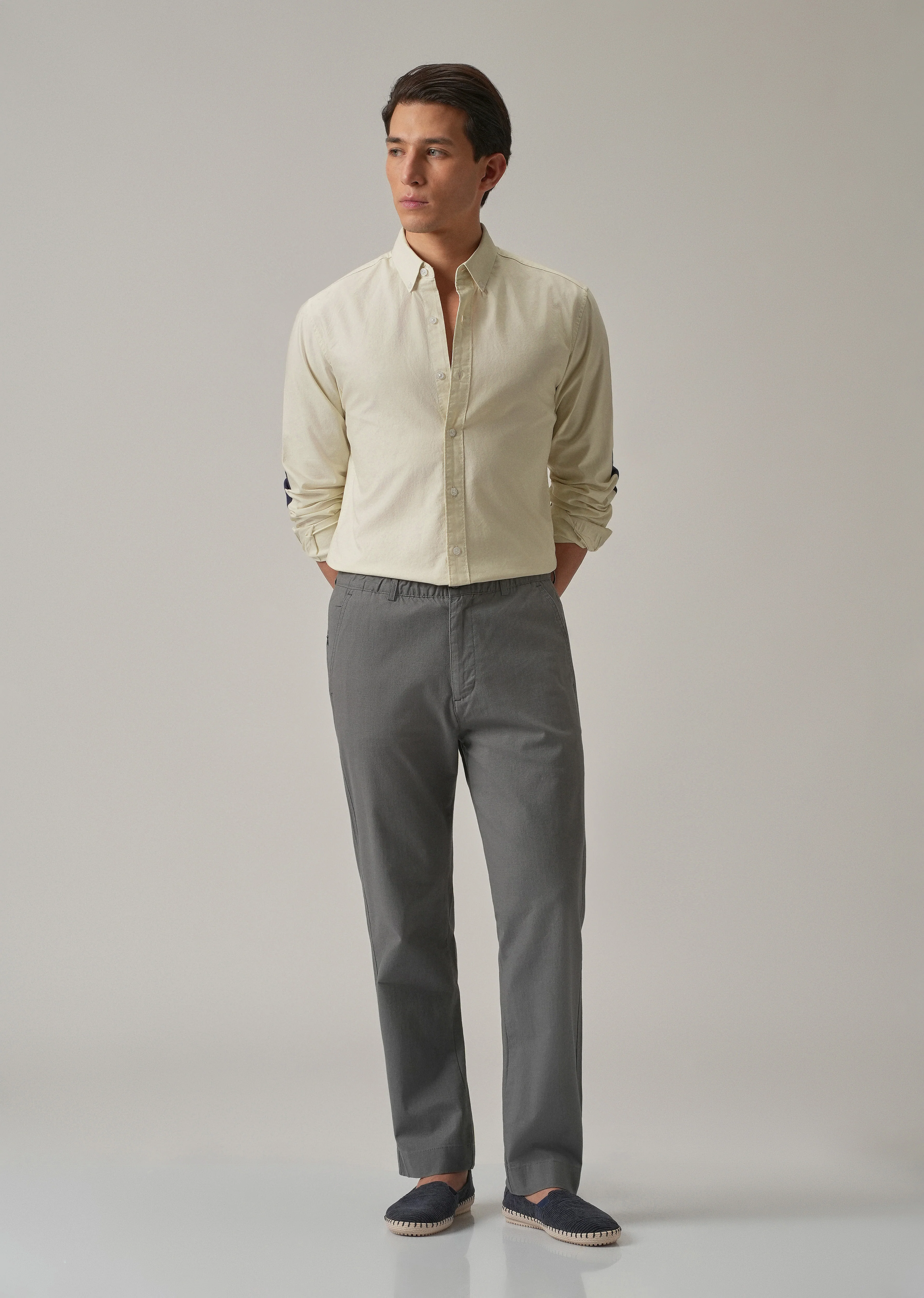 Cream Plain Elbow Patch Oxford Shirt - Image 7