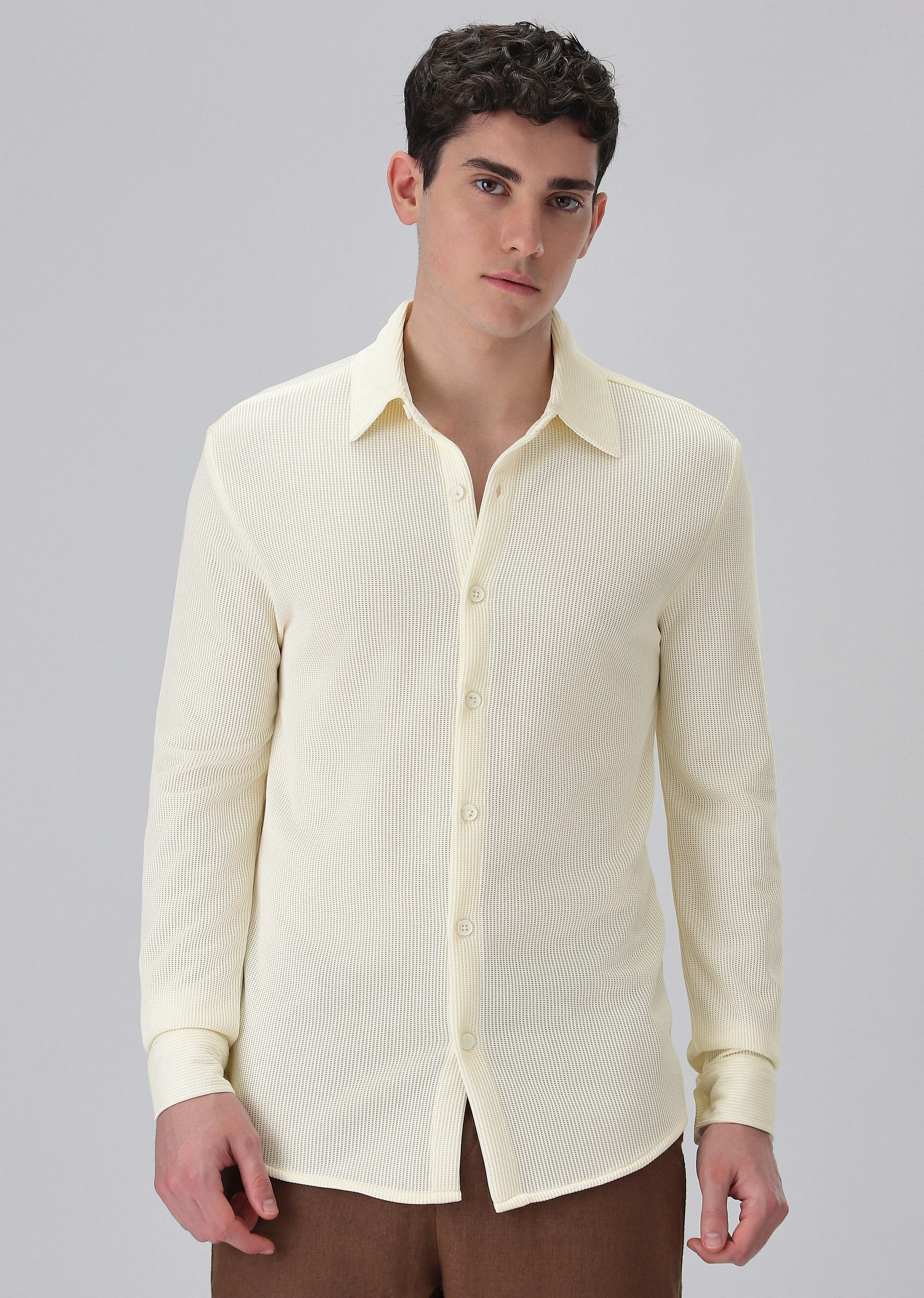 Cream Plain Knitted Shirt - Image 3