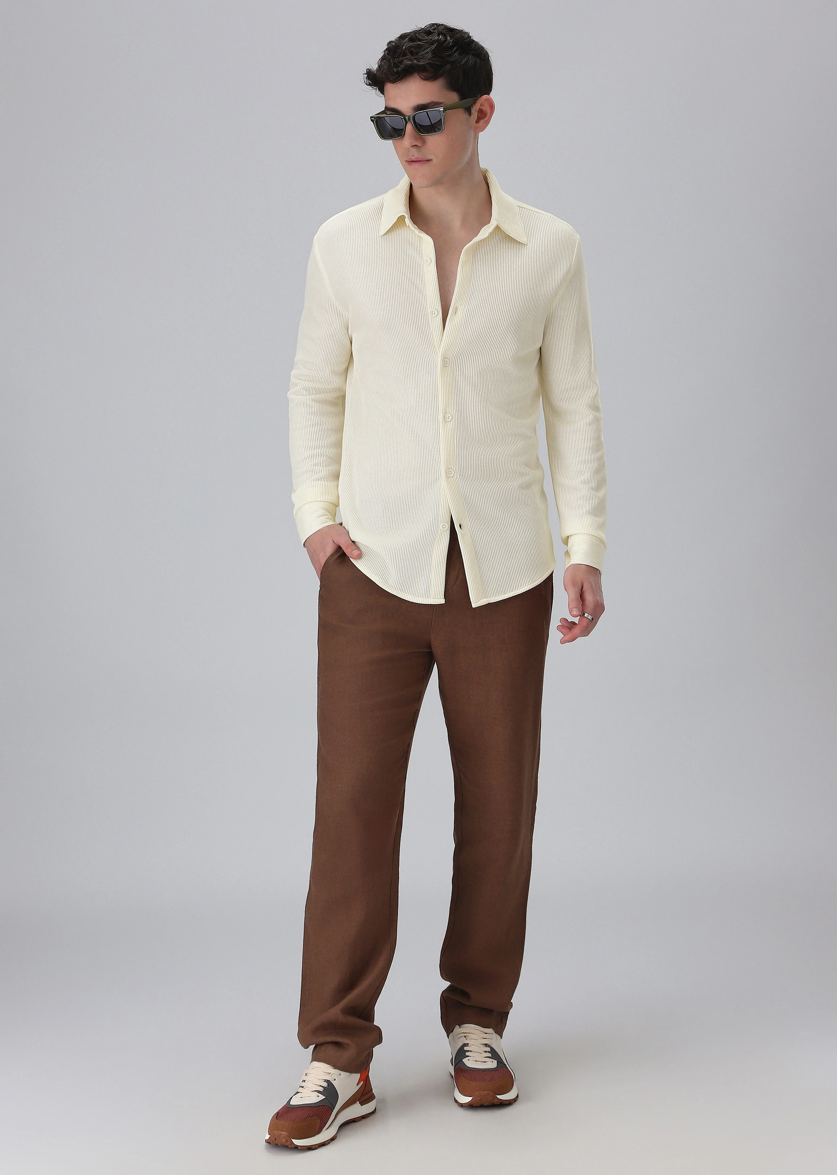 Cream Plain Knitted Shirt - Image 6