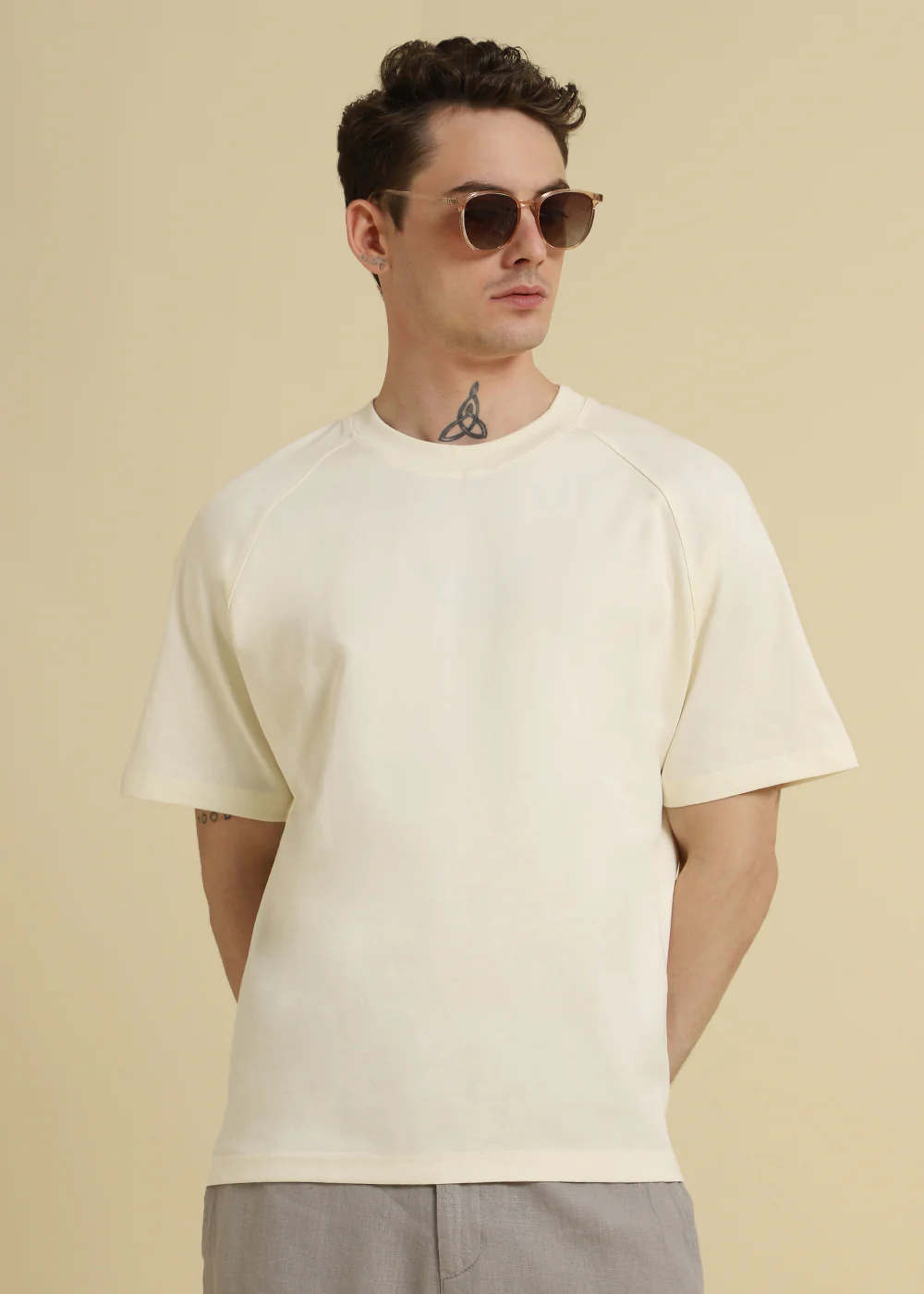 Cream Plain Raglan Sleeve Oversized T-Shirt - Image 3