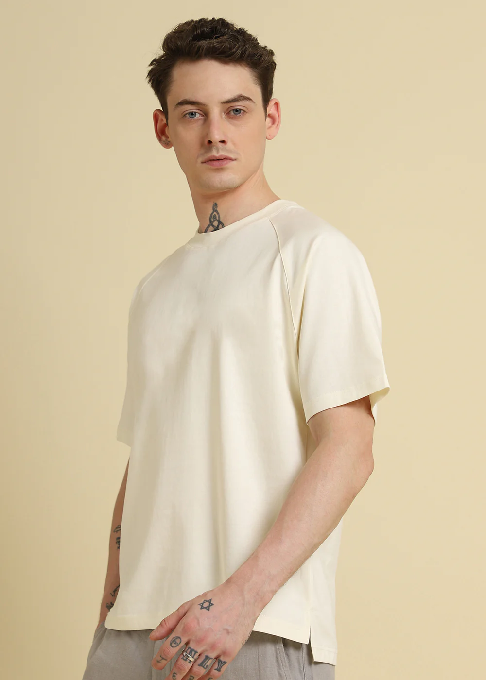 Cream Plain Raglan Sleeve Oversized T-Shirt - Image 5