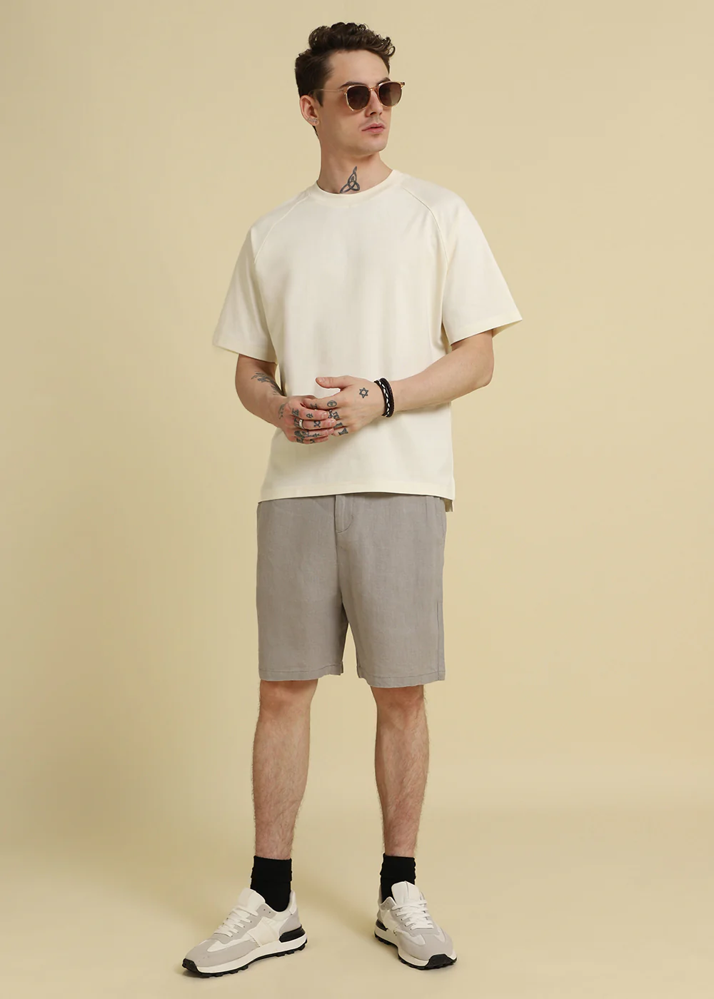Cream Plain Raglan Sleeve Oversized T-Shirt - Image 7