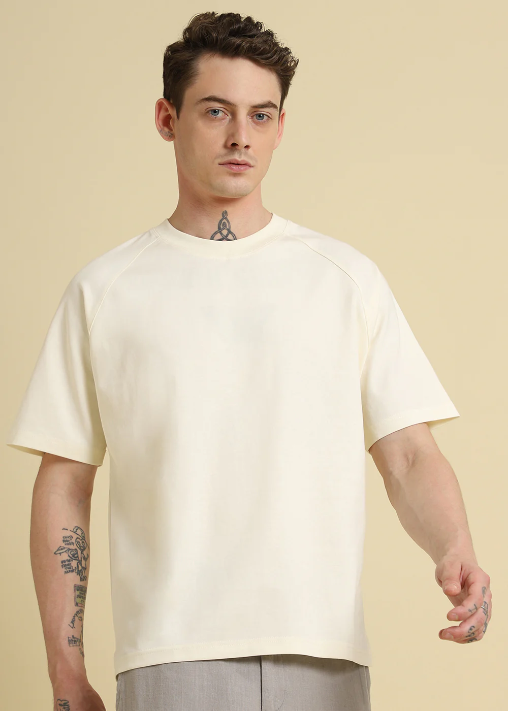 Cream Plain Raglan Sleeve Oversized T-Shirt - Image 8