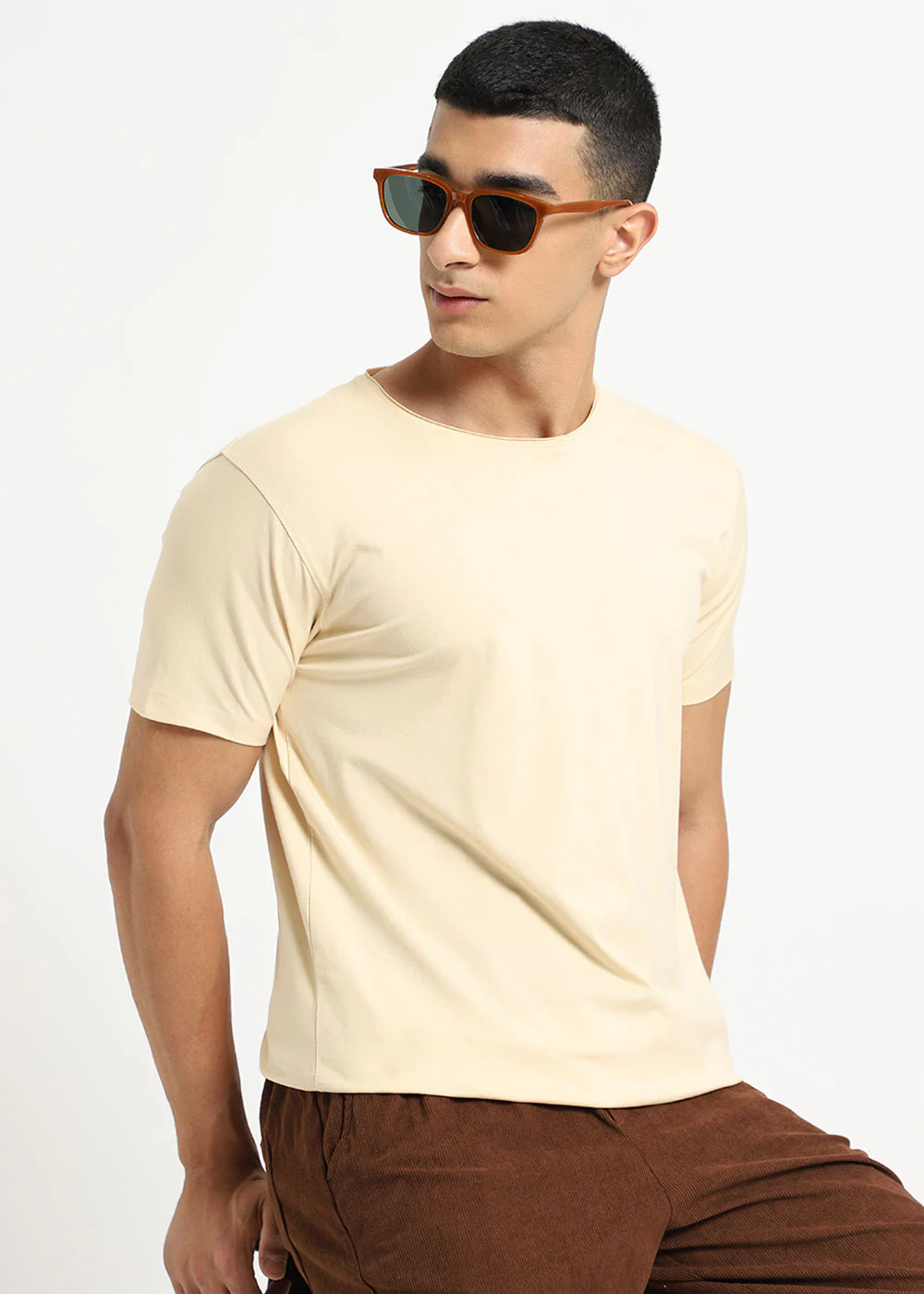 Cream Plain Round Neck T-shirt - Image 4