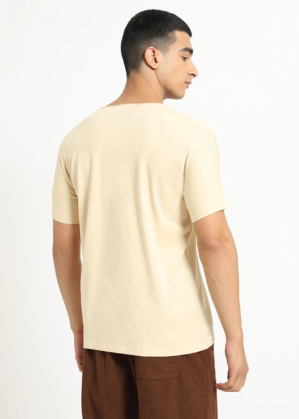 Cream Plain Round Neck T-shirt - Image 5