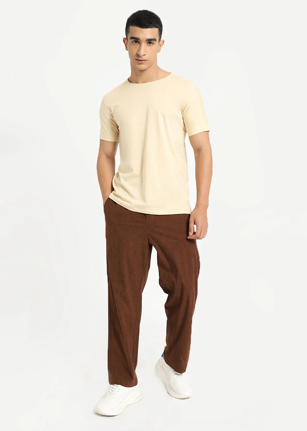 Cream Plain Round Neck T-shirt - Image 6