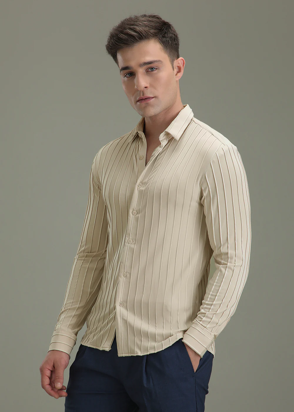 Cream Plain Stripe Shirt - Image 5