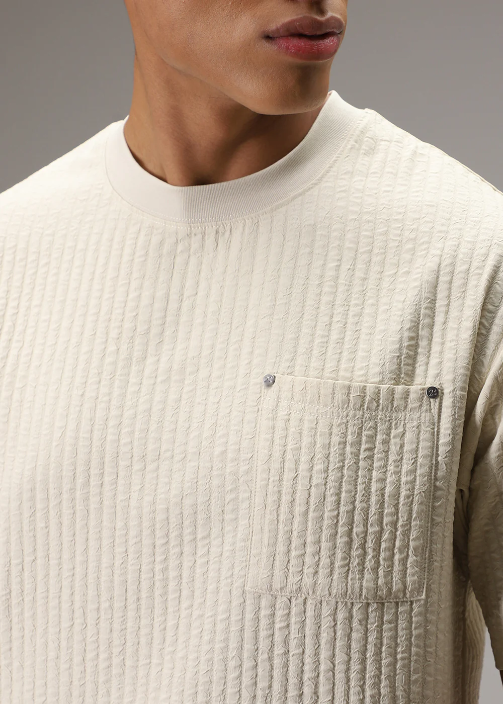 Cream Plain Textured Oversized T-shirt - Image 2