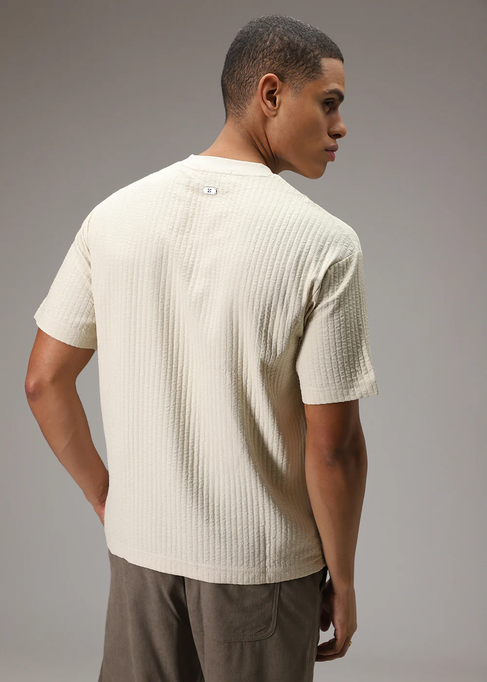 Cream Plain Textured Oversized T-shirt - Image 4