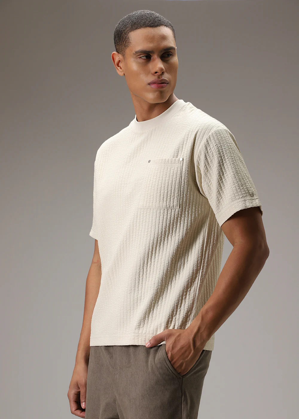 Cream Plain Textured Oversized T-shirt - Image 5