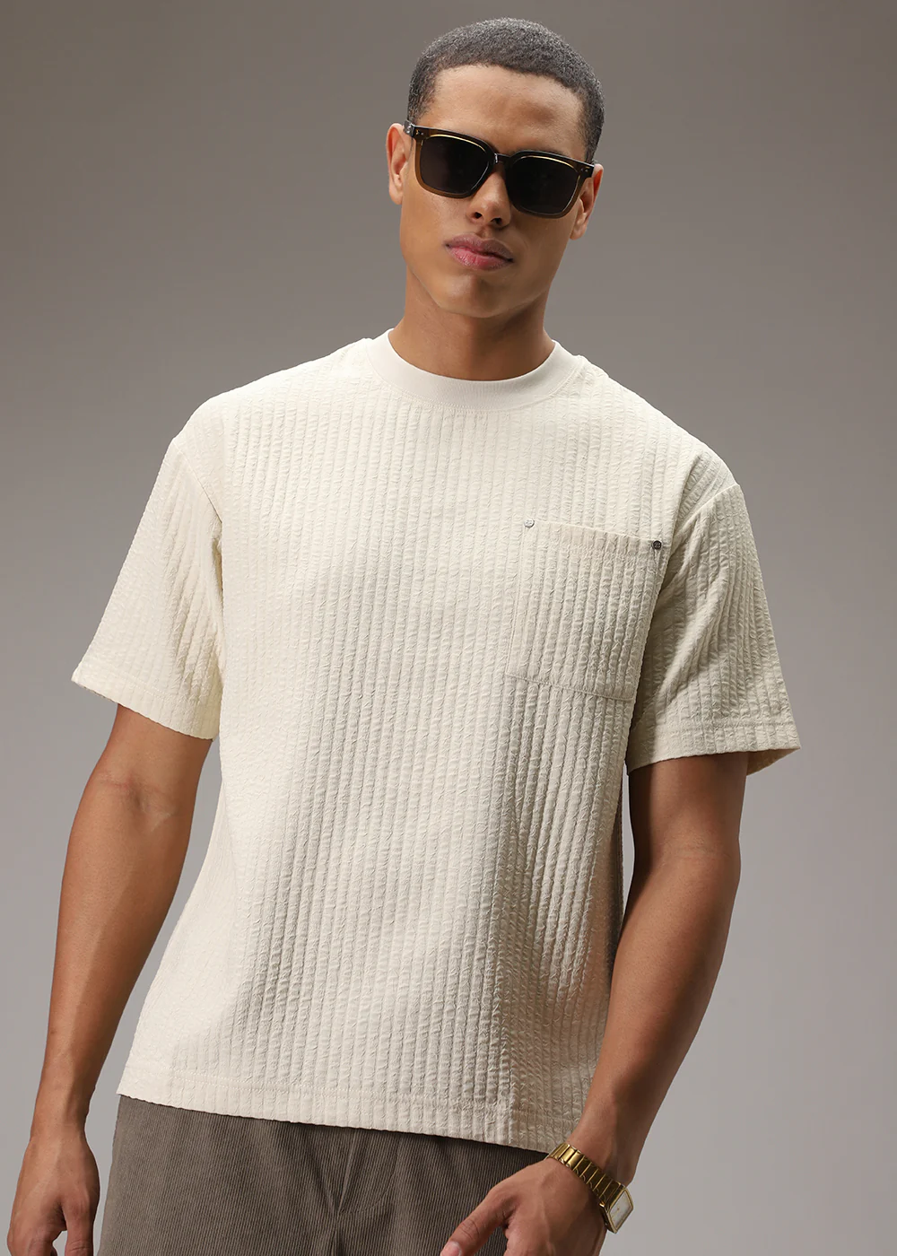 Cream Plain Textured Oversized T-shirt - Image 7