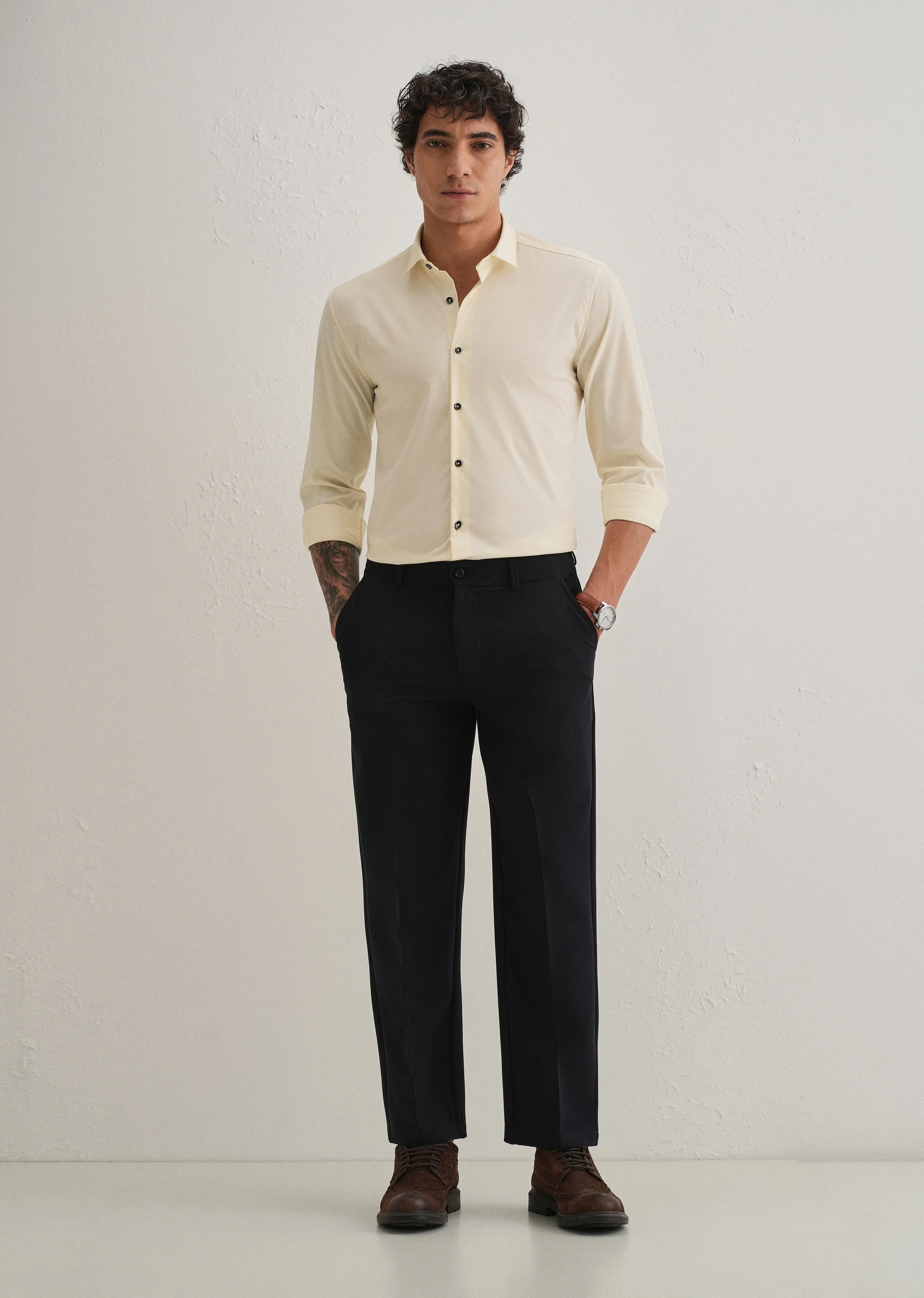 Cream Plain Wrinkle Free Shirt - Image 5