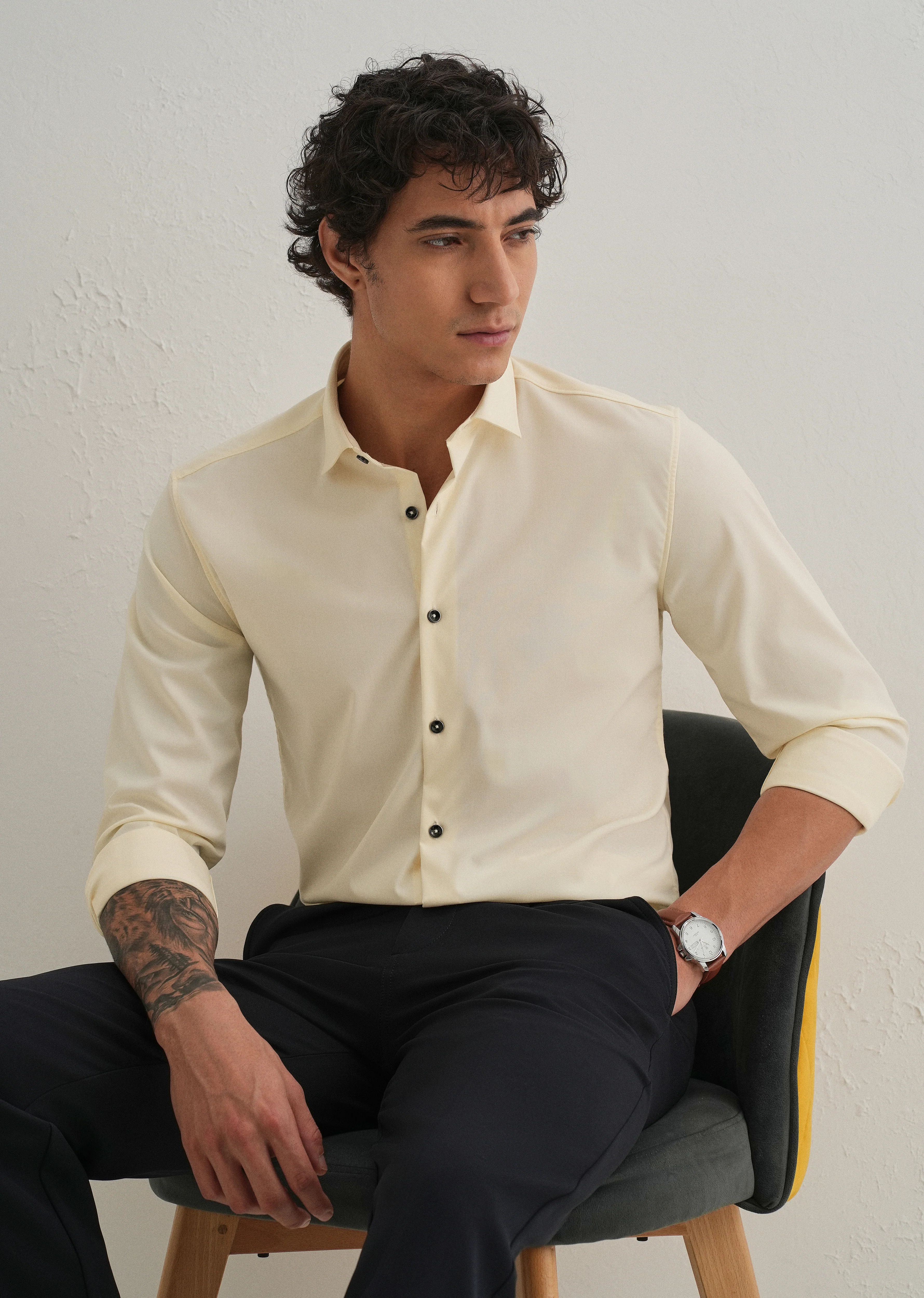 Cream Plain Wrinkle Free Shirt - Image 7
