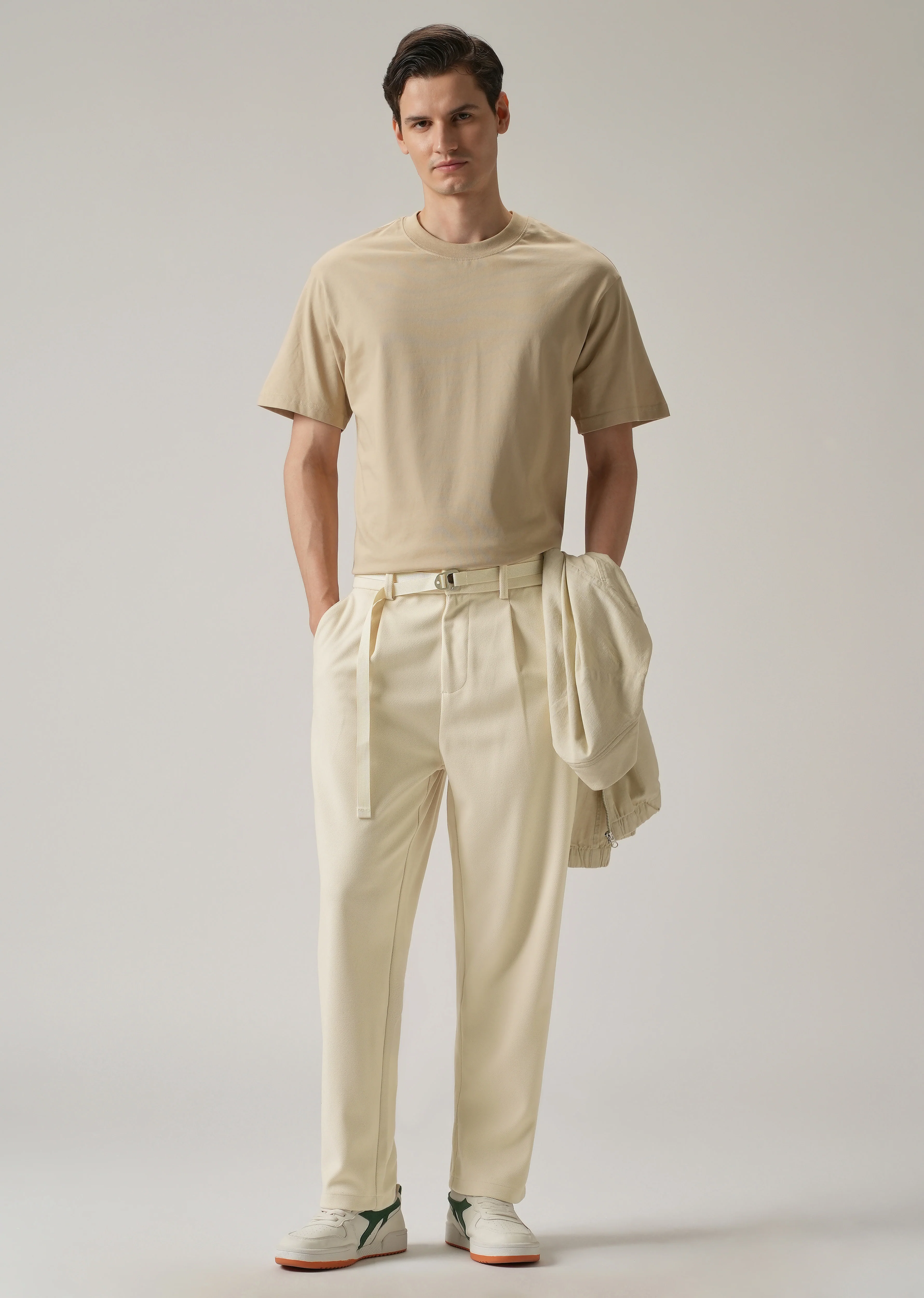 Cream Relaxed Fit Textured Pleated Pant - Image 6