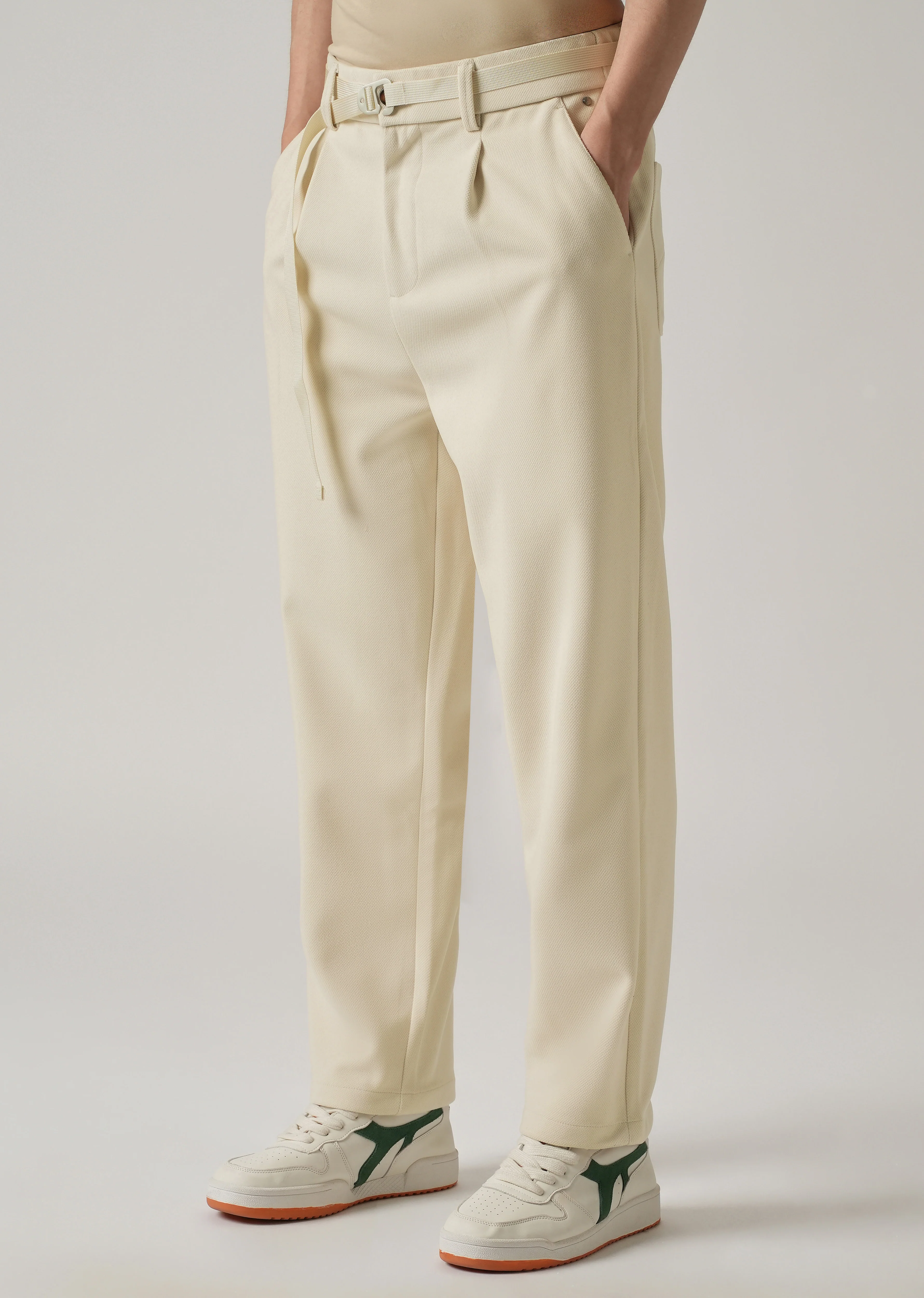 Cream Relaxed Fit Textured Pleated Pant - Image 7