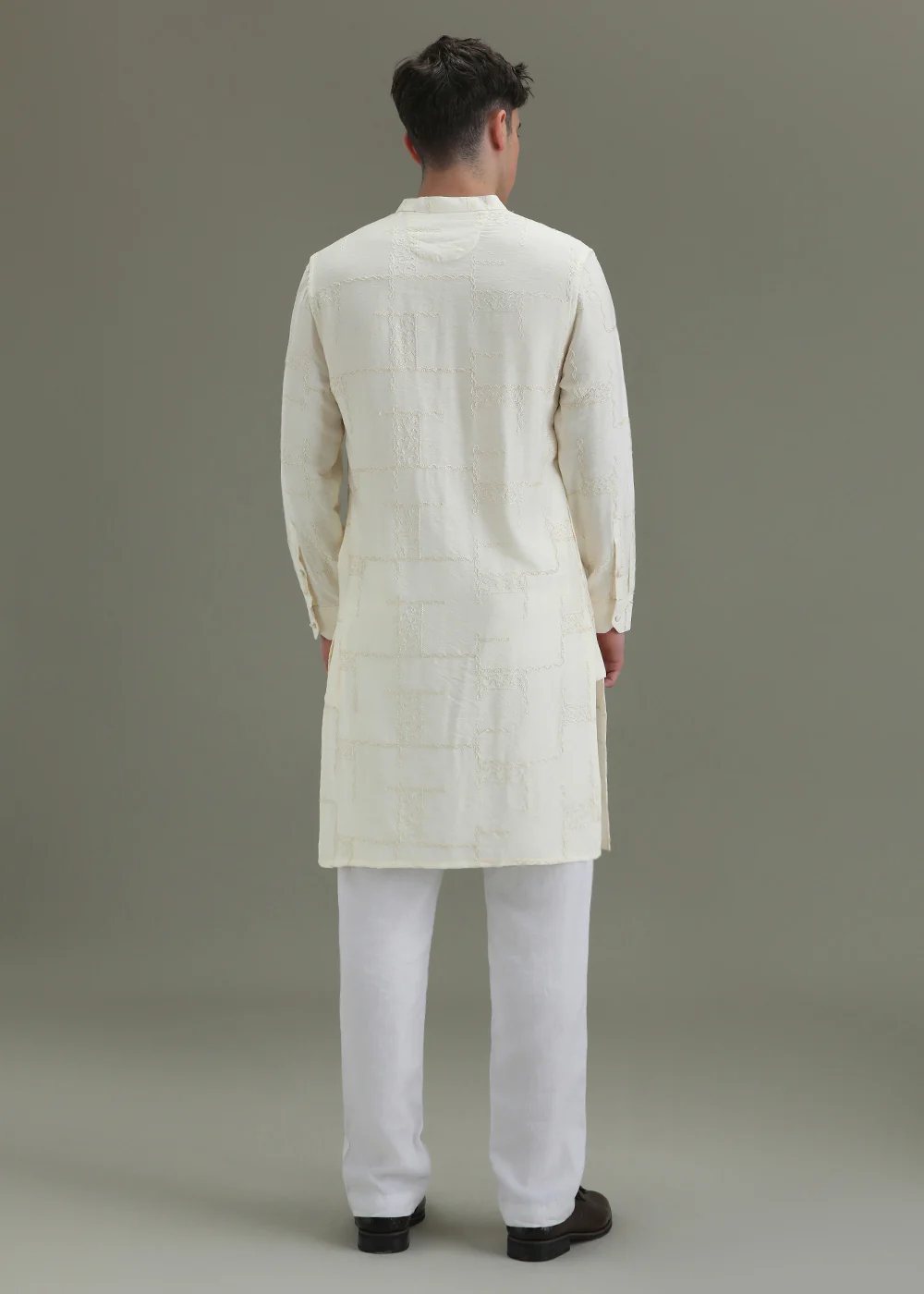 Cream Self Thread Embroidered Kurta - Image 4