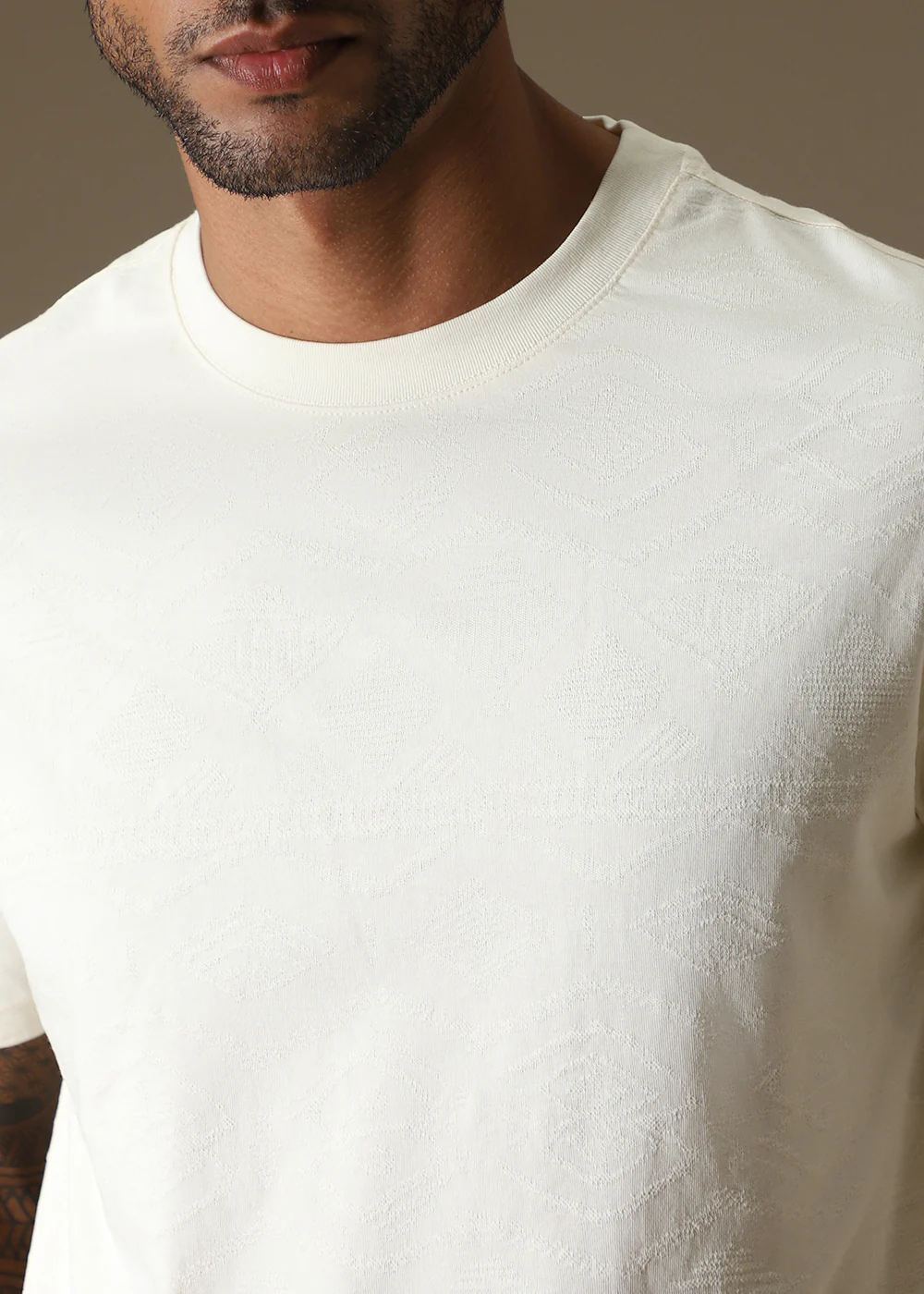 Cream Self Pattern Regular T-Shirt - Image 2
