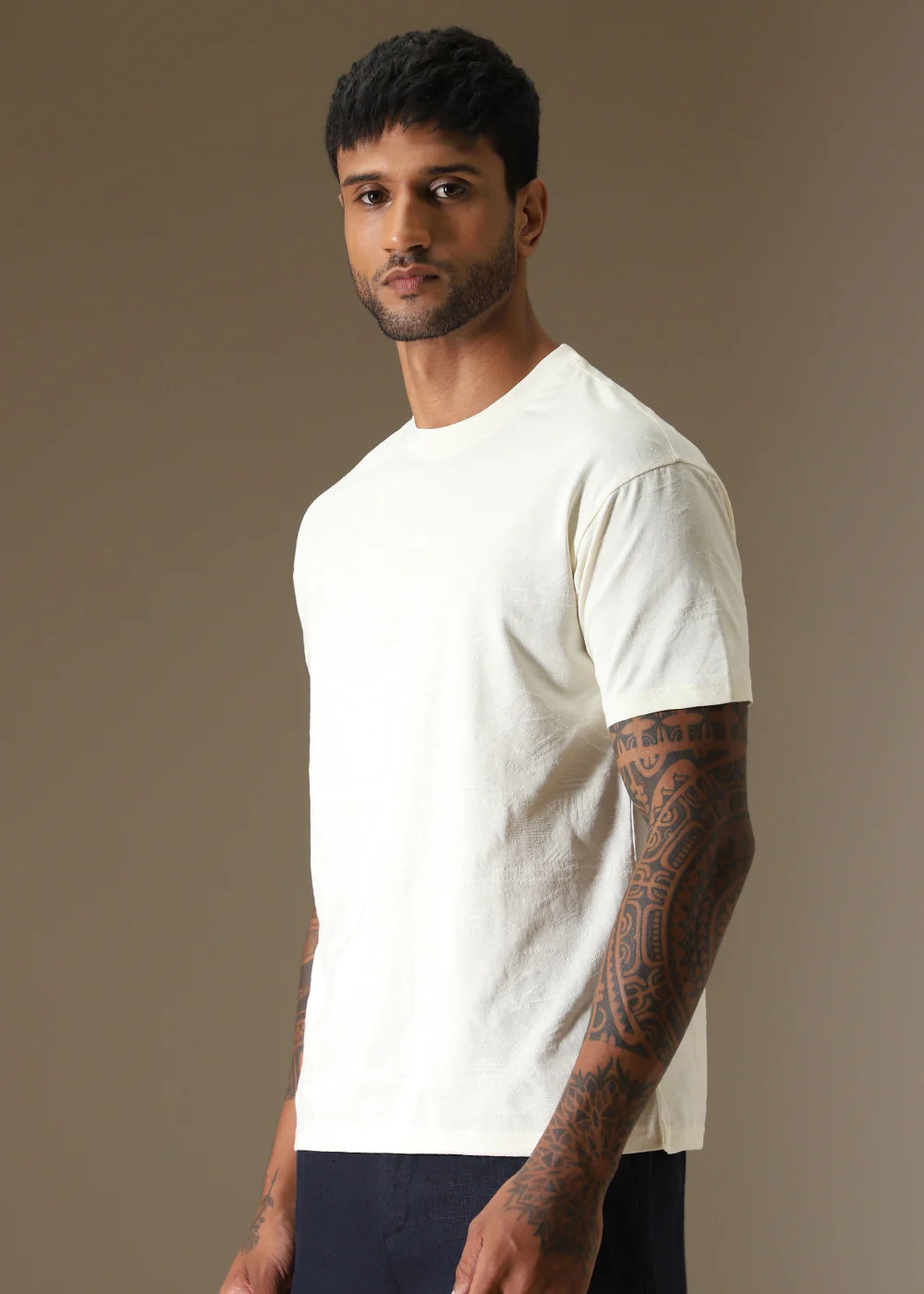 Cream Self Pattern Regular T-Shirt - Image 3