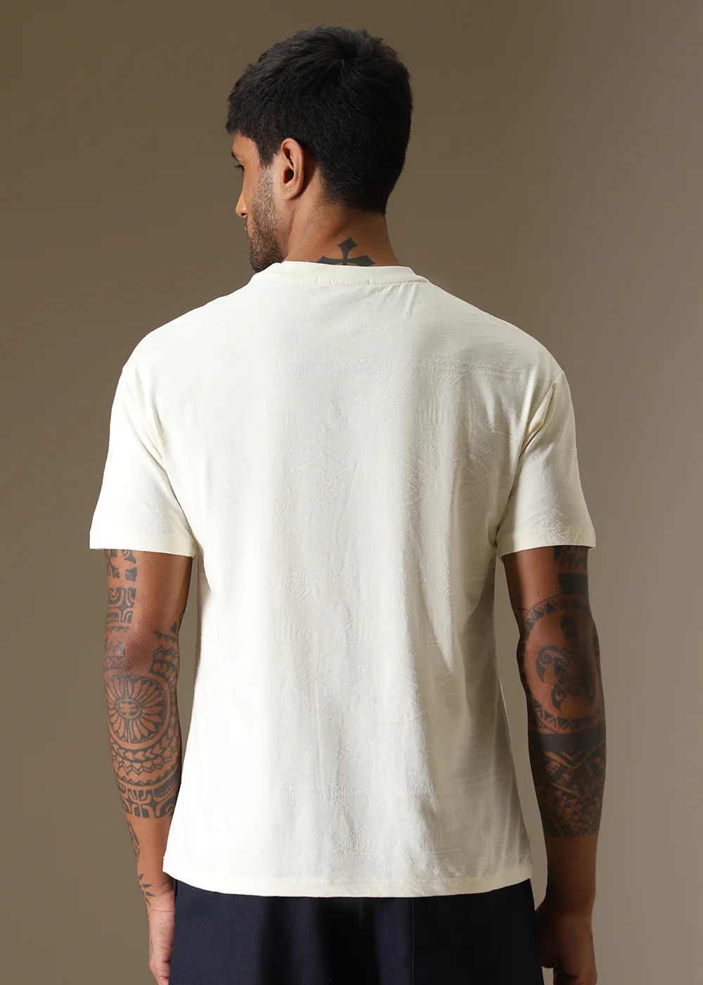 Cream Self Pattern Regular T-Shirt - Image 4