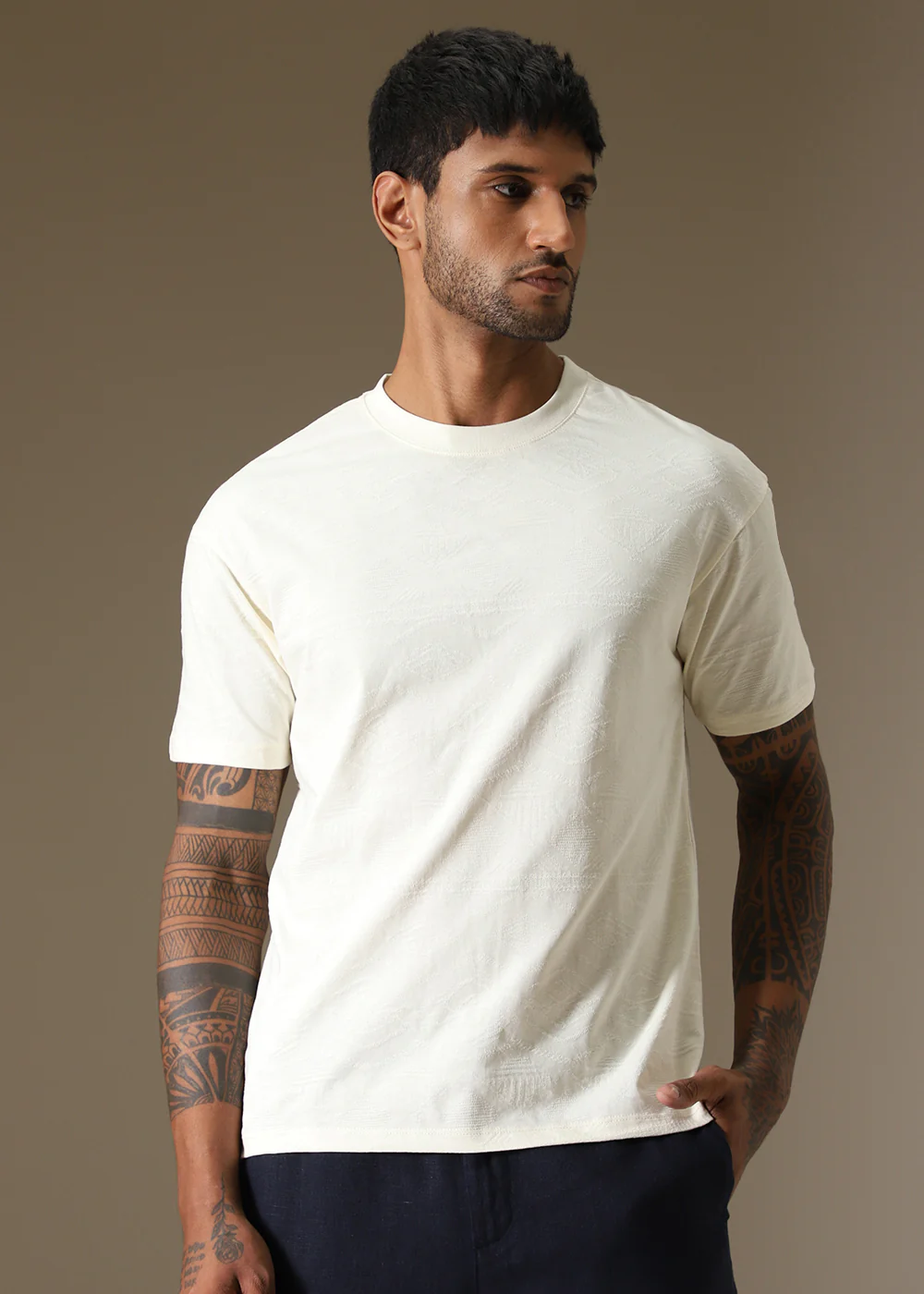 Cream Self Pattern Regular T-Shirt - Image 5