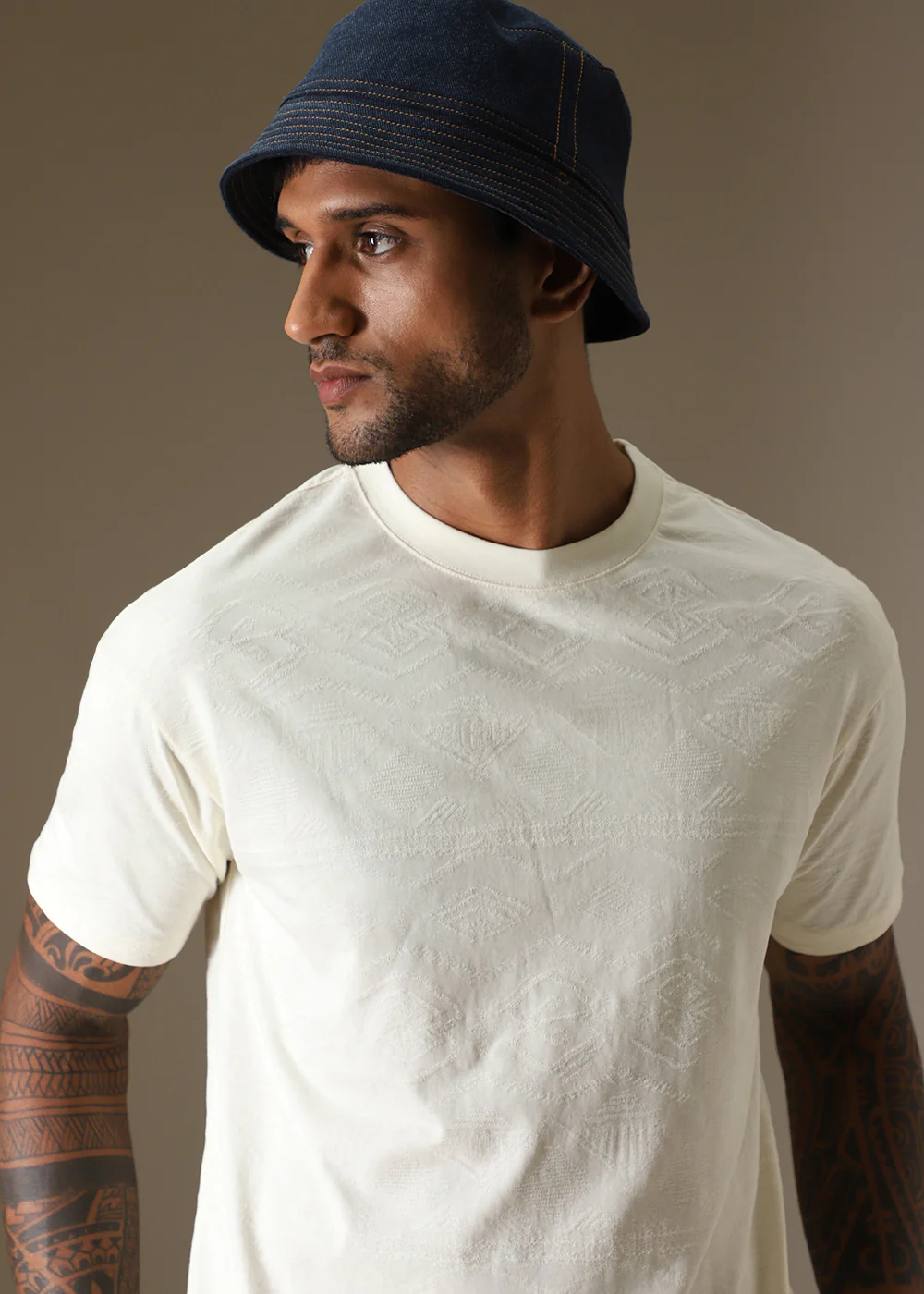 Cream Self Pattern Regular T-Shirt - Image 6