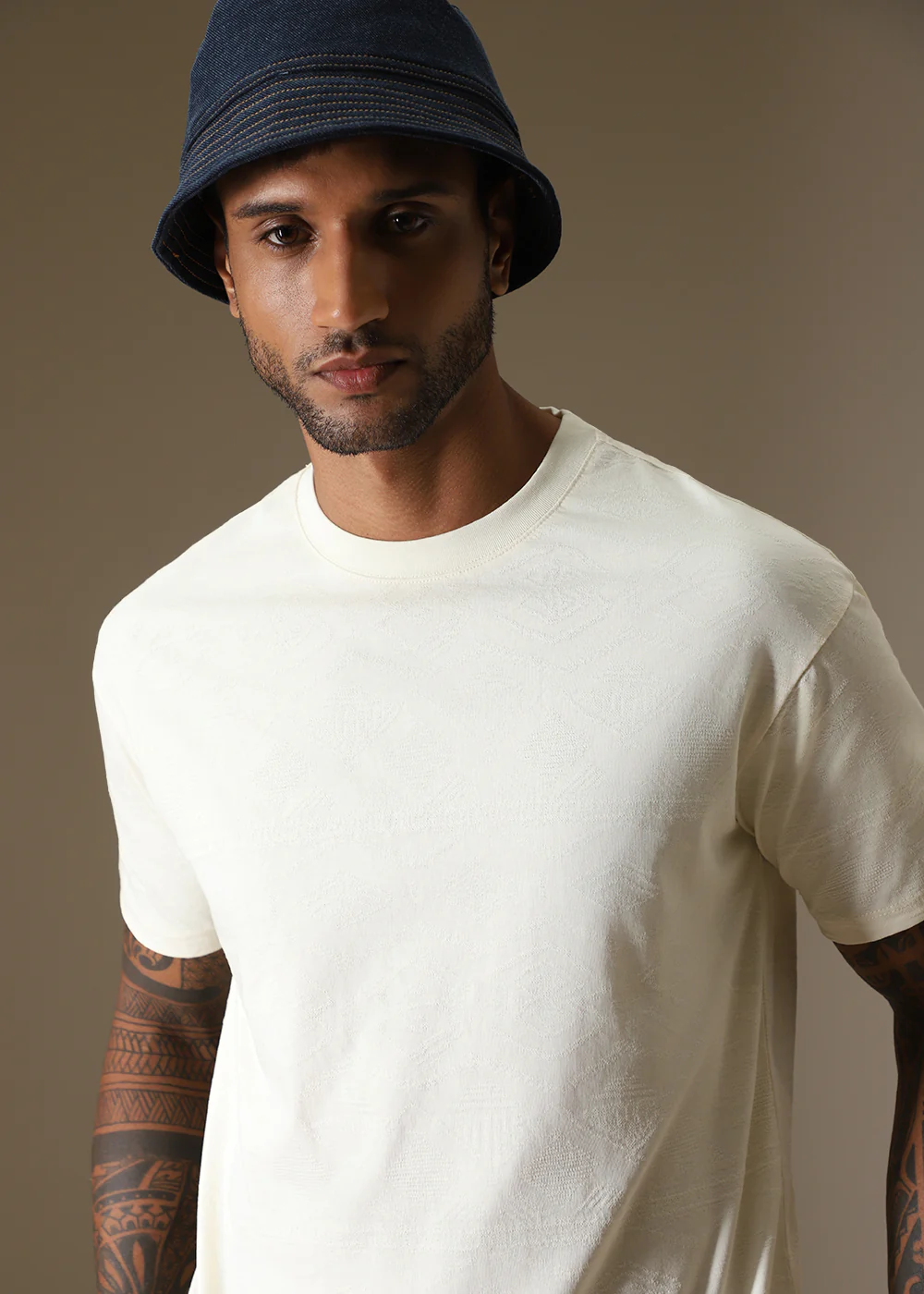 Cream Self Pattern Regular T-Shirt - Image 7