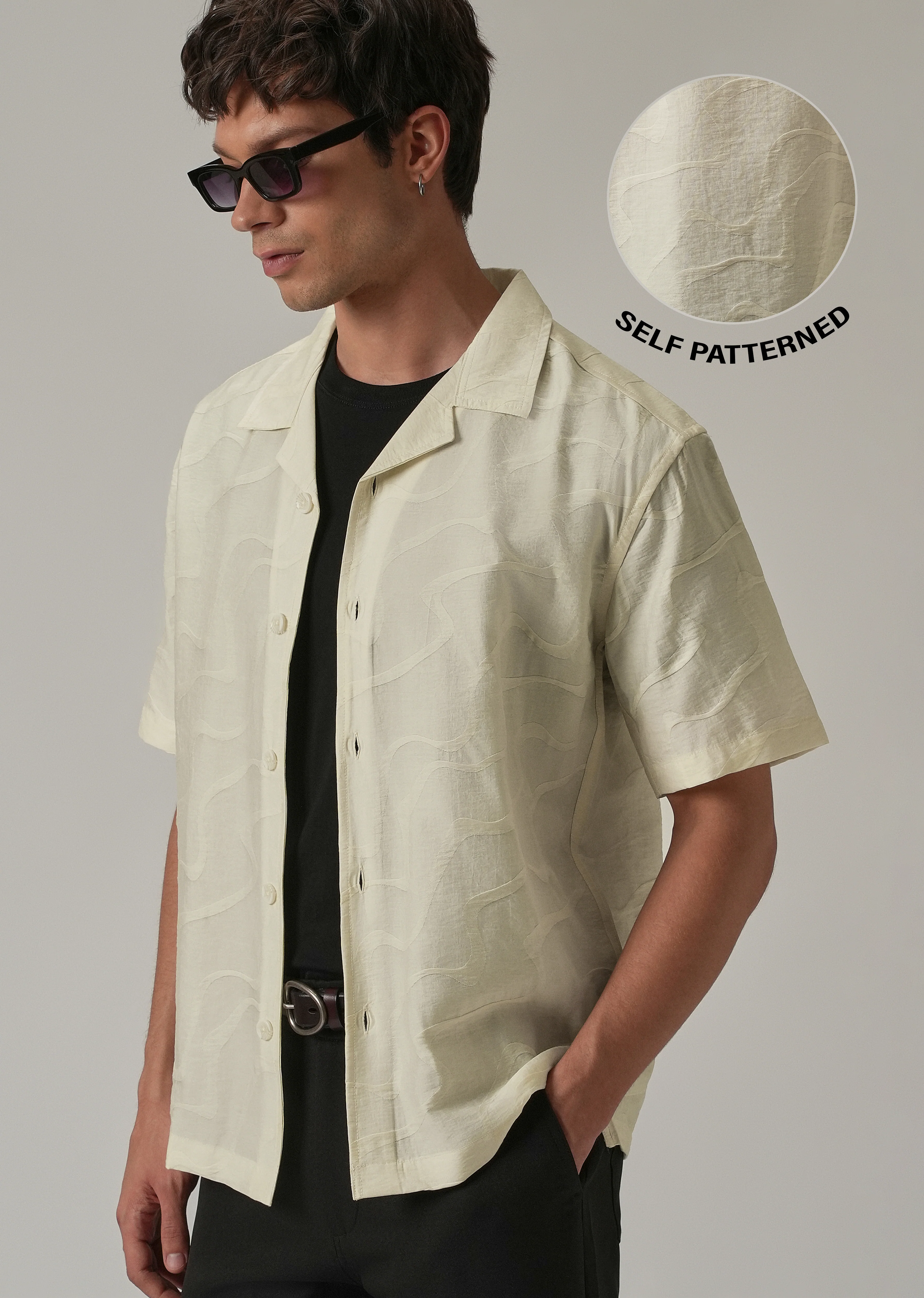 Cream Self Pattern Shirt - Image 7