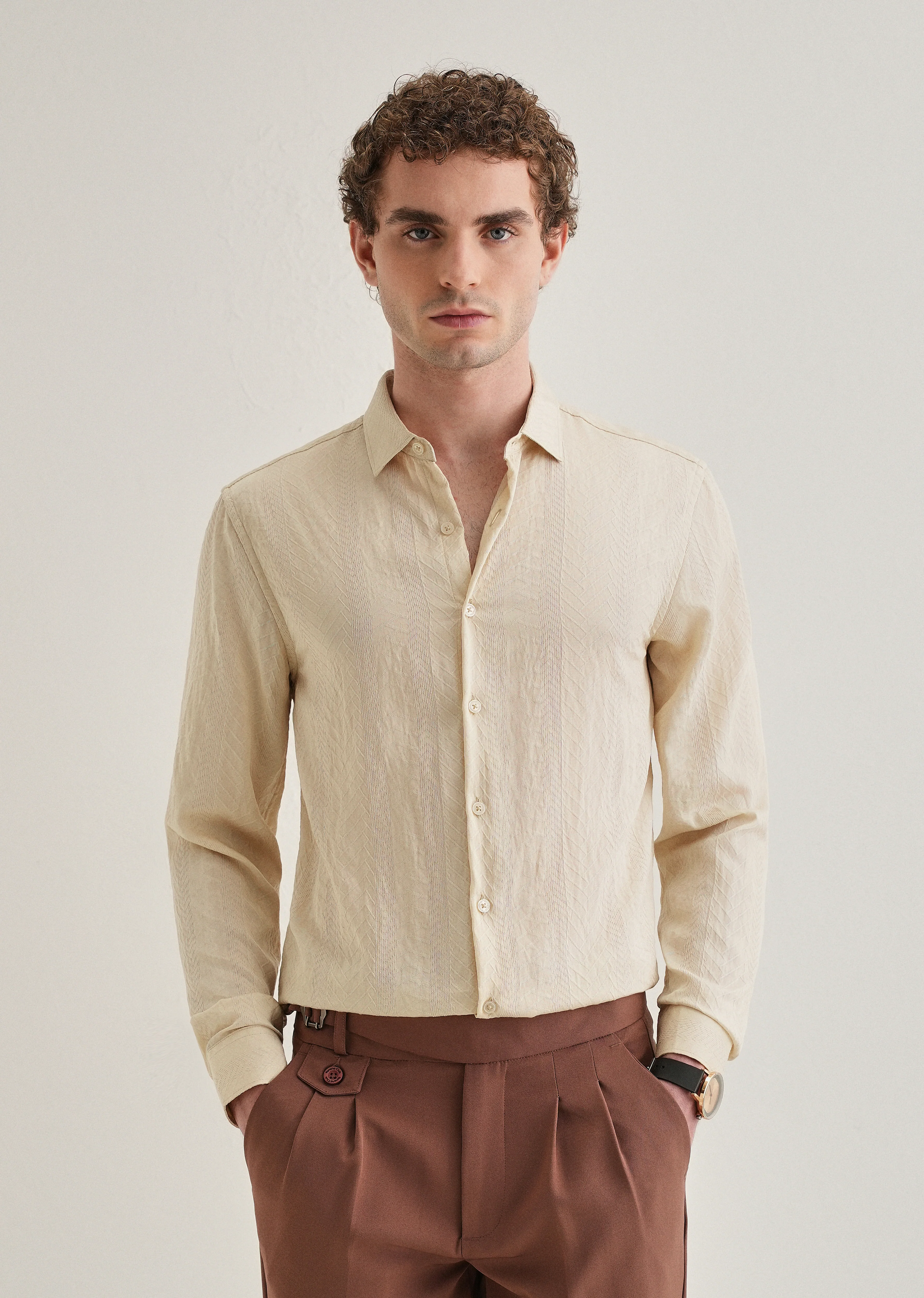 Cream Self Patterned Shirt - Image 2