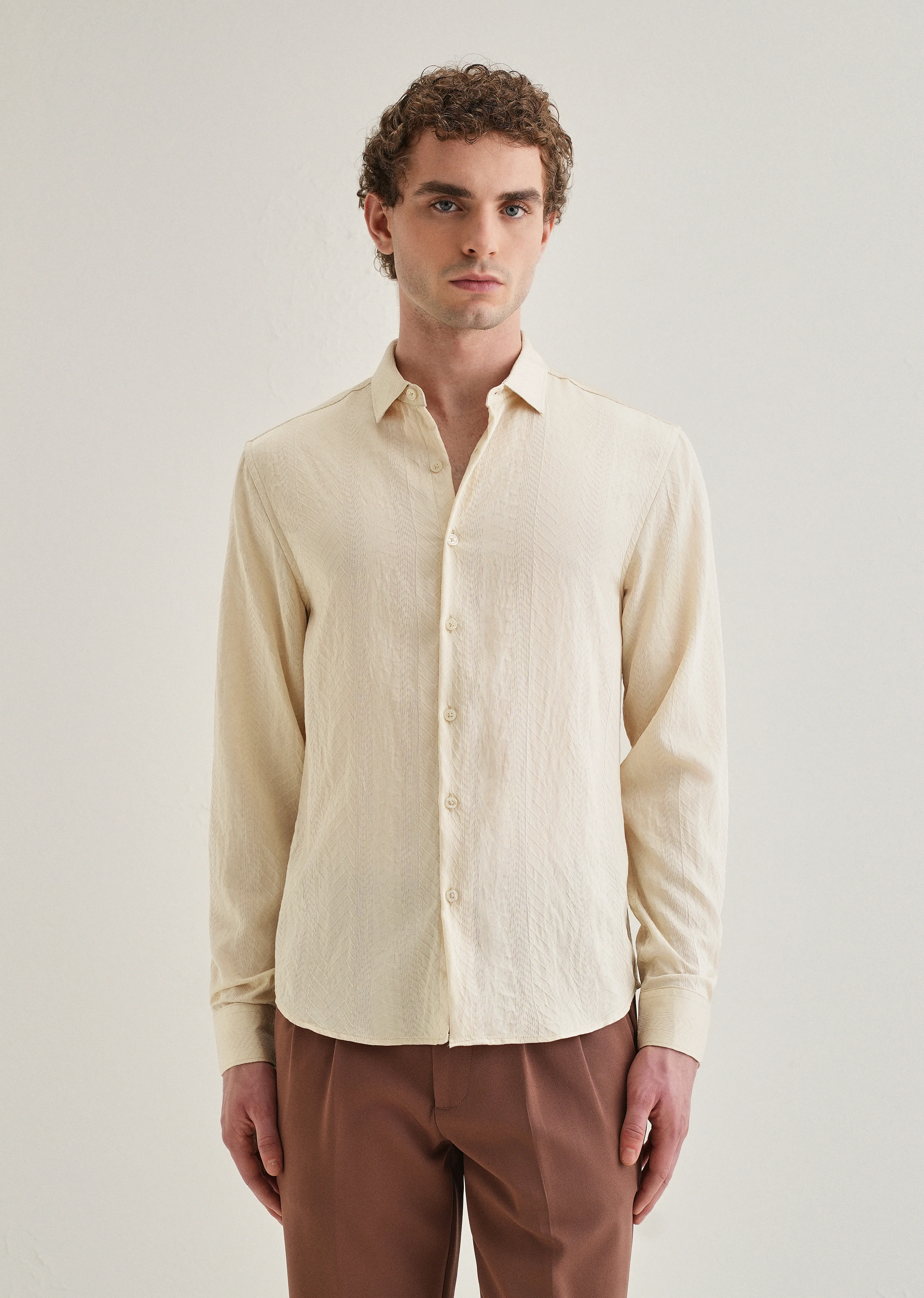 Cream Self Patterned Shirt - Image 4