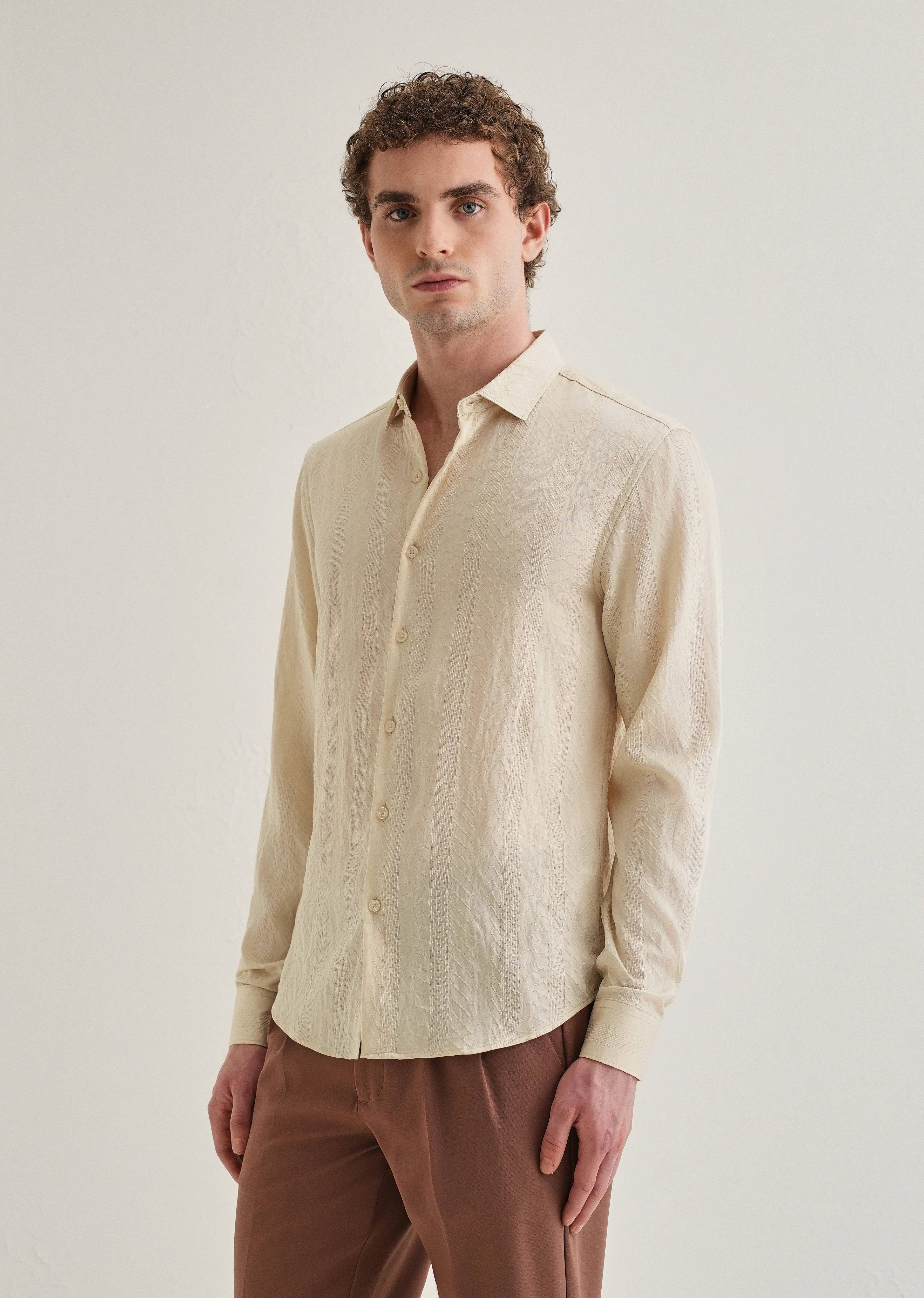 Cream Self Patterned Shirt - Image 5