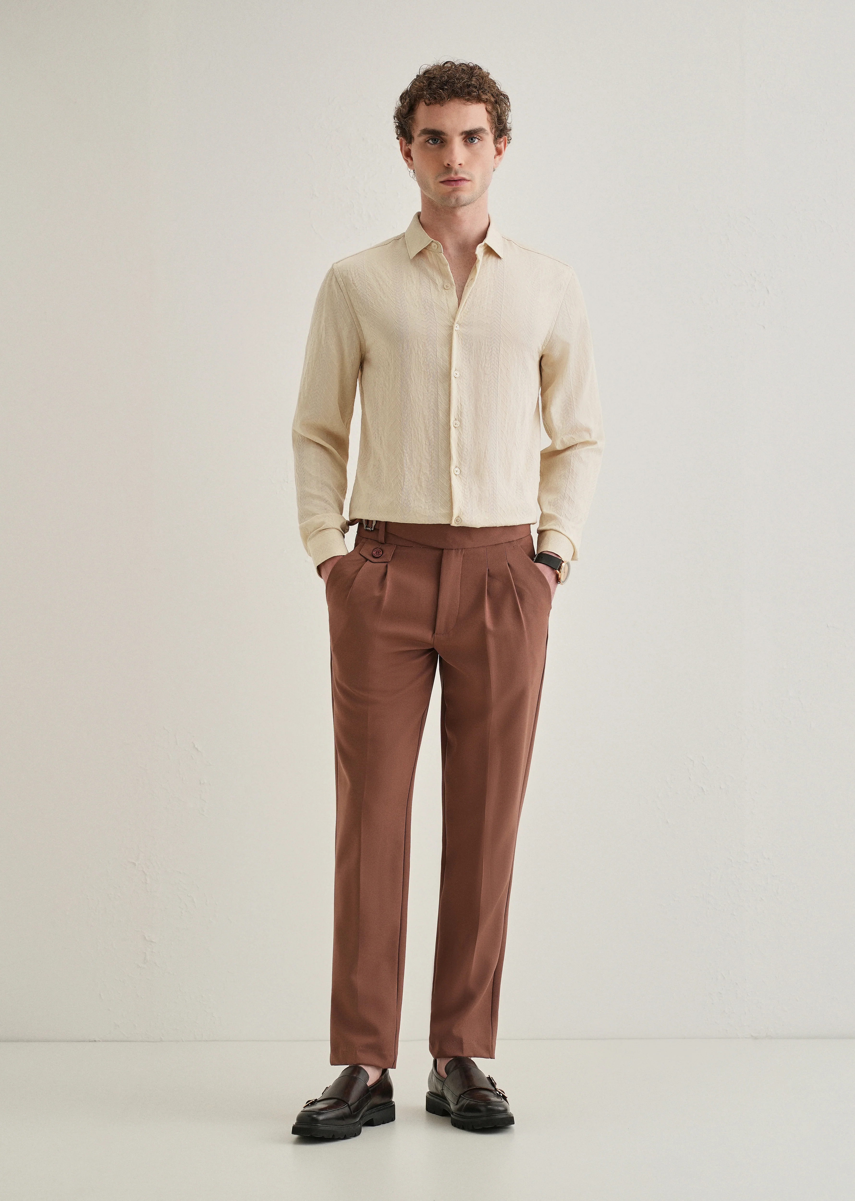 Cream Self Patterned Shirt - Image 6